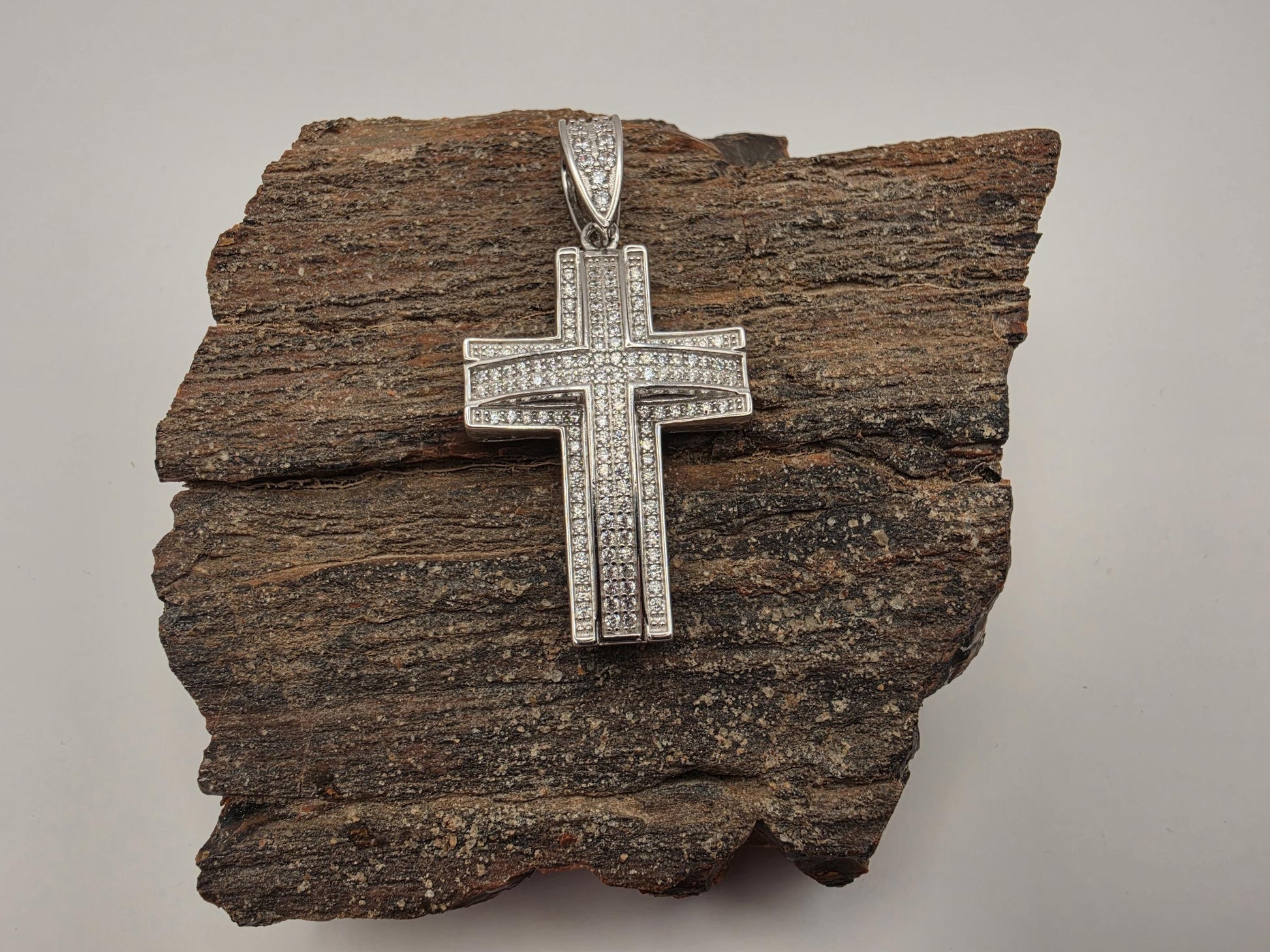 Sterling Silver Pave CZ Double Cross Pendant | 925 Silver | 37.7mm | Iced Out Cross Charm