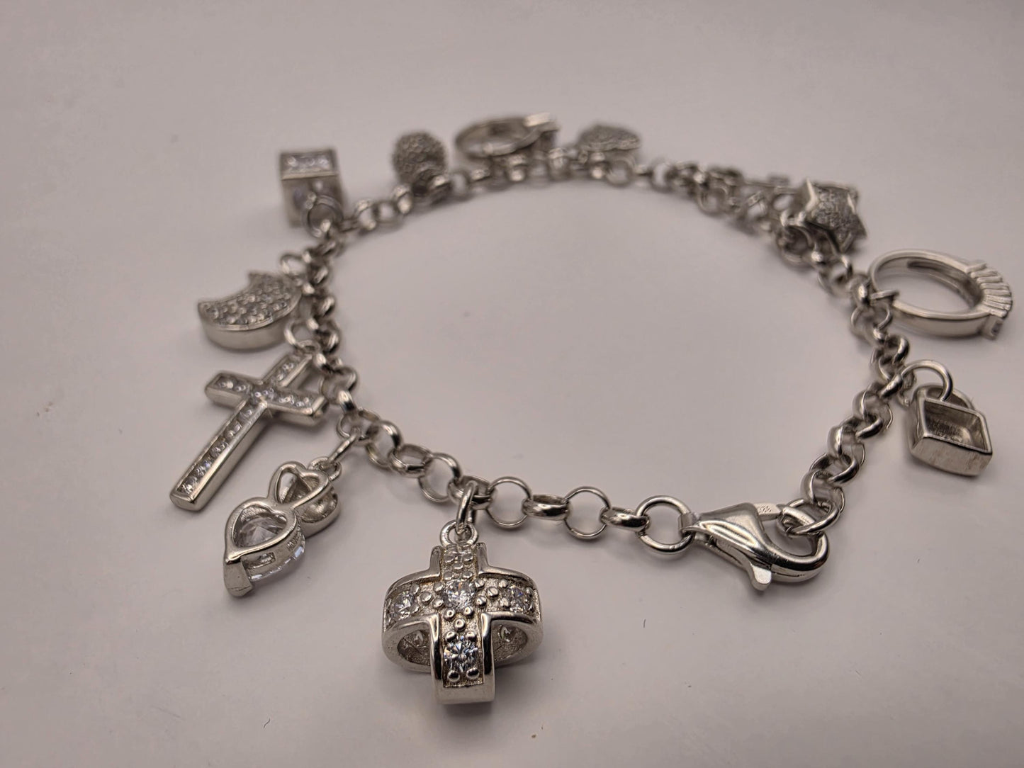 Sterling Silver CZ Charm Bracelet | 925 Silver | 7.5 Inch | 12 Charm Multi Charm Bracelet