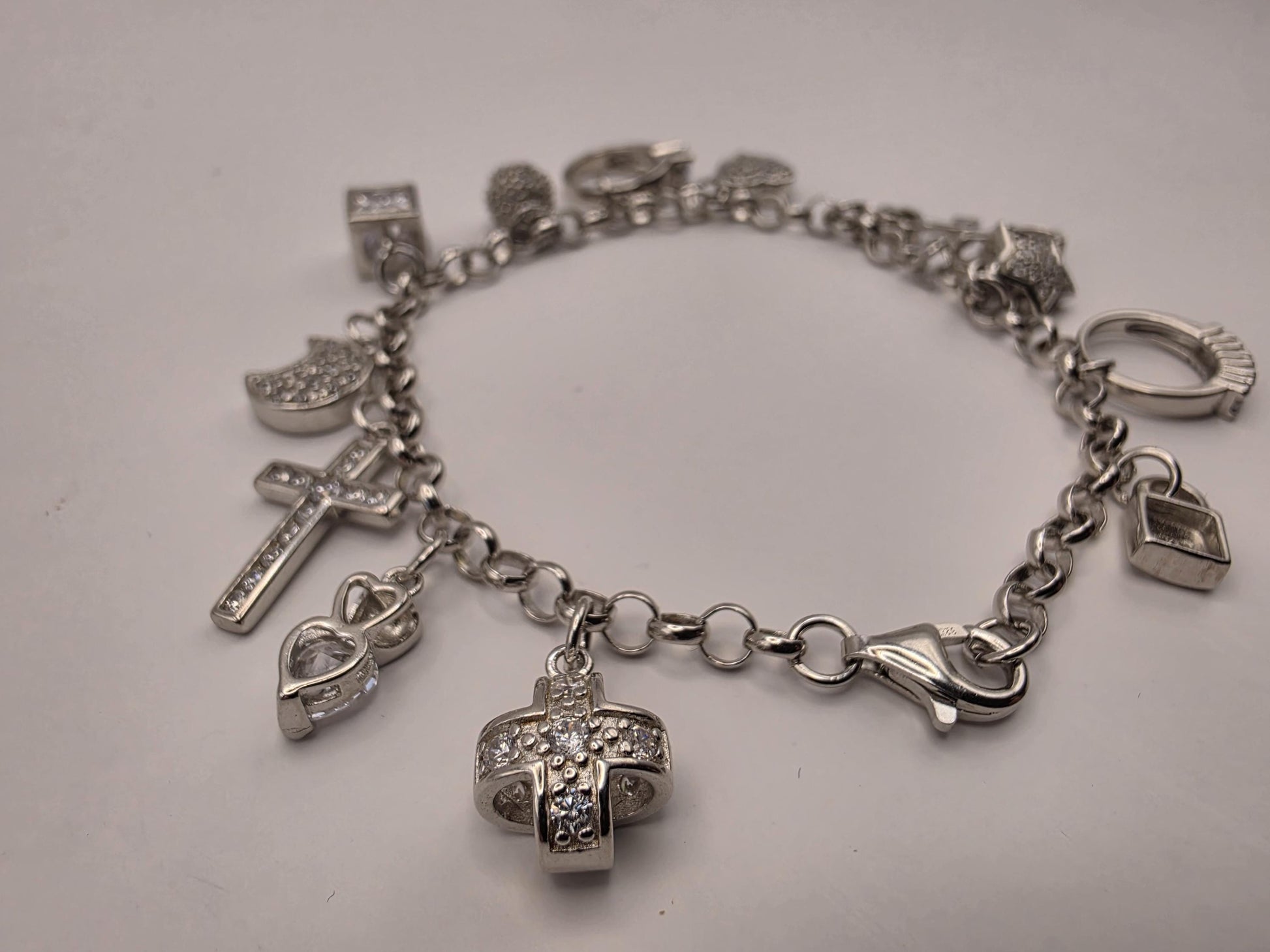 Sterling Silver CZ Charm Bracelet | 925 Silver | 7.5 Inch | 12 Charm Multi Charm Bracelet