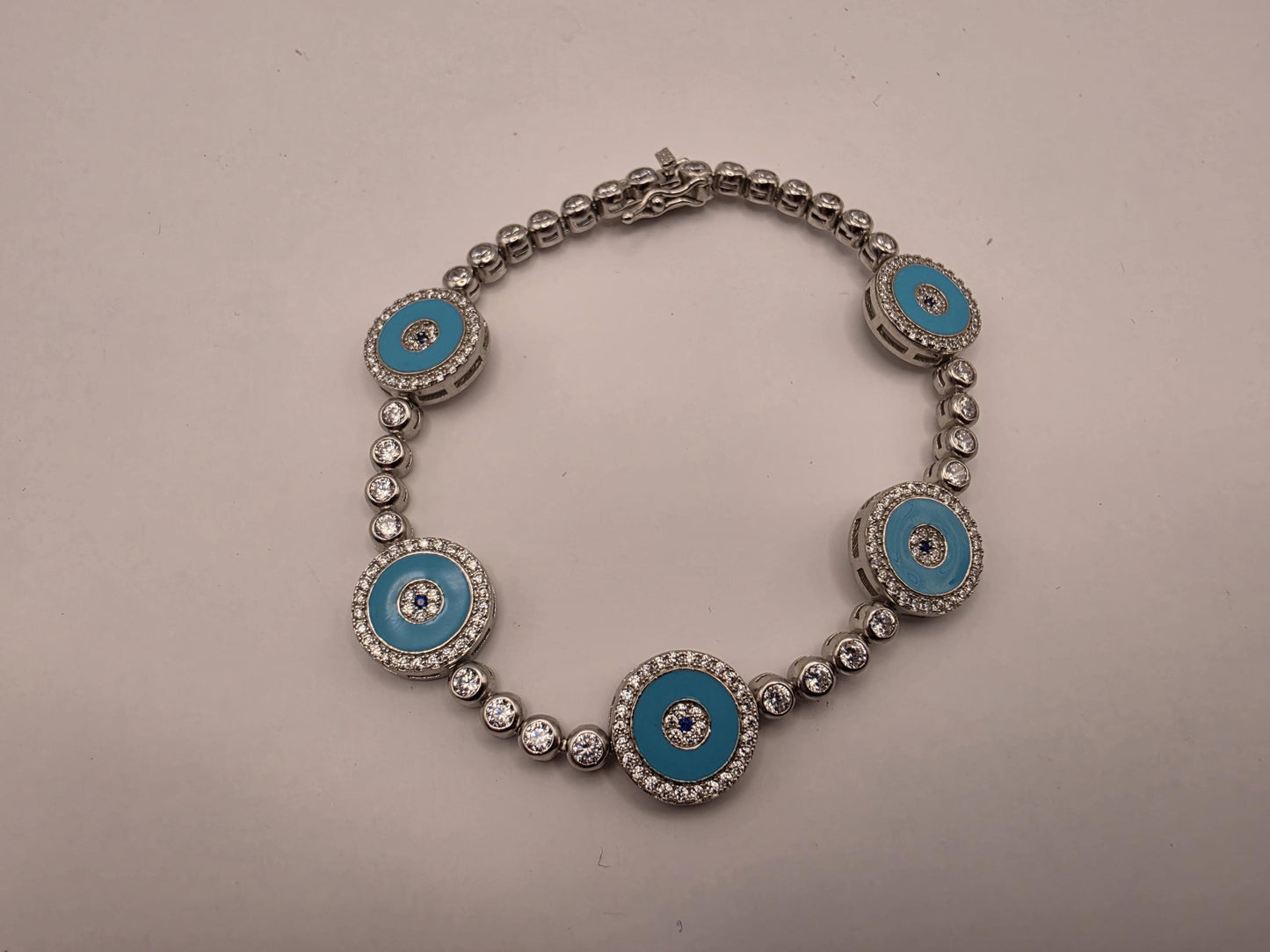 Sterling Silver Turquoise Evil Eye Station Bracelet | 925 Silver | 7.75 Inch | CZ Halo Tennis