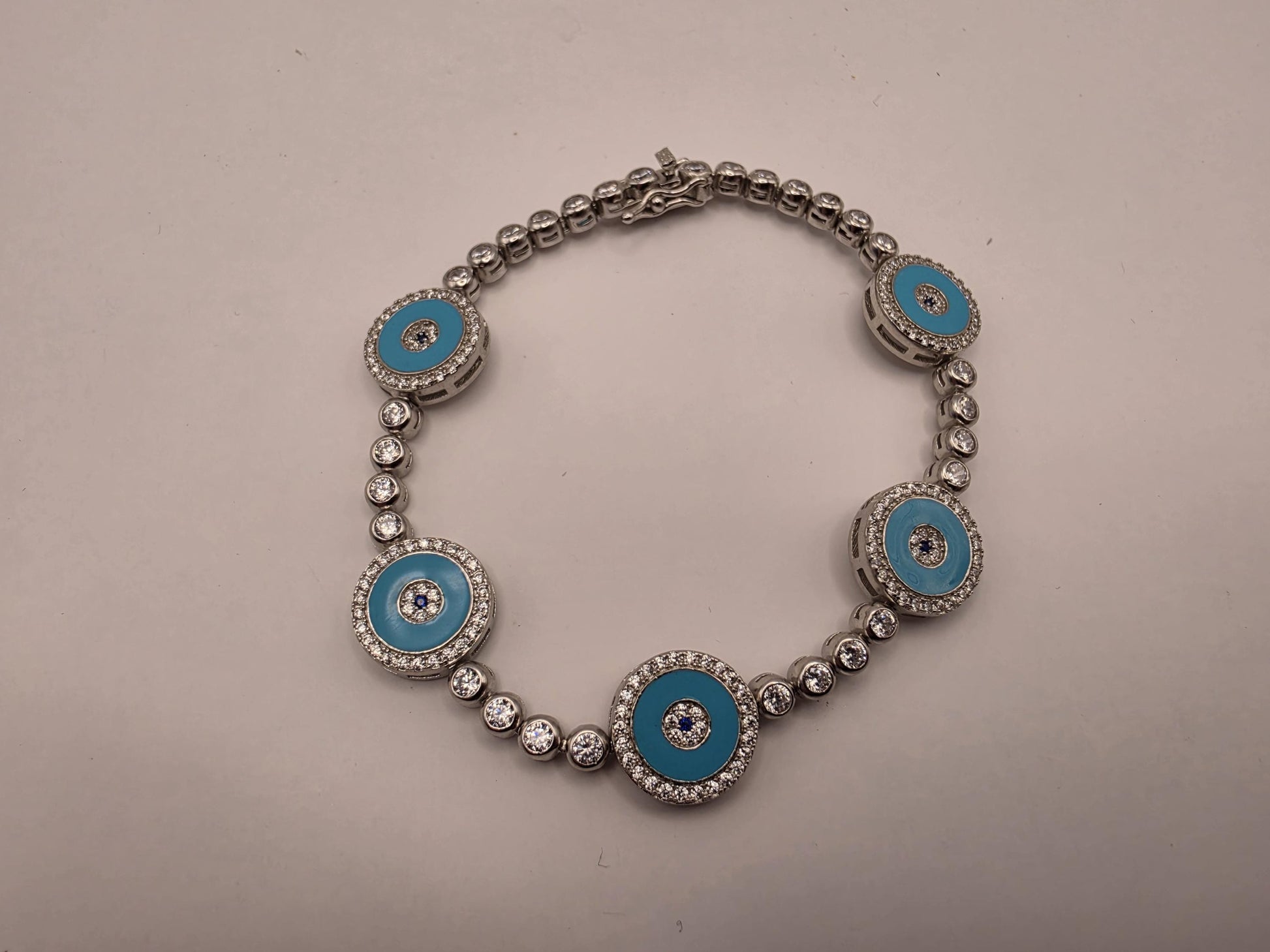 Sterling Silver Turquoise Evil Eye Station Bracelet | 925 Silver | 7.75 Inch | CZ Halo Tennis