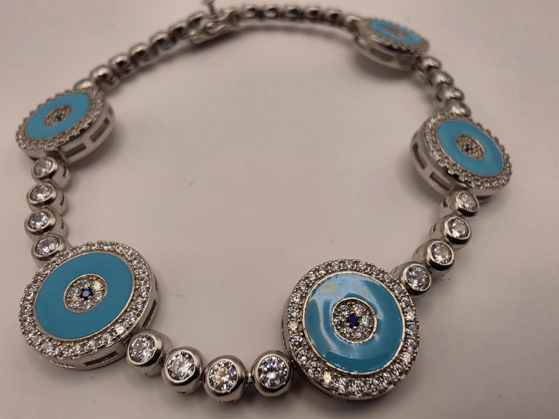 Sterling Silver Turquoise Evil Eye Station Bracelet | 925 Silver | 7.75 Inch | CZ Halo Tennis