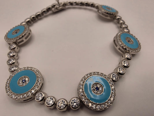 Sterling Silver Turquoise Evil Eye Station Bracelet | 925 Silver | 7.75 Inch | CZ Halo Tennis