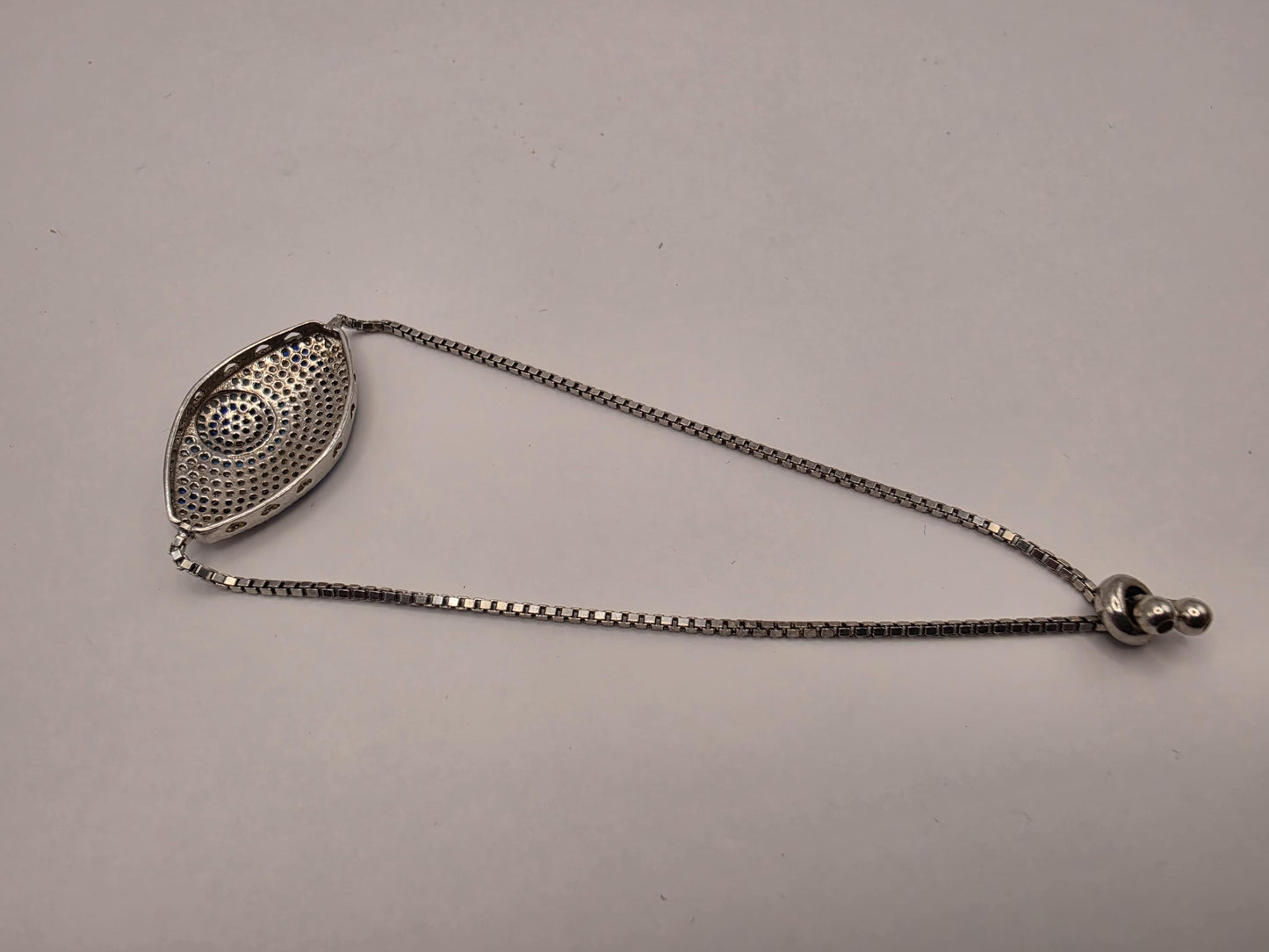 Sterling Silver Pave CZ Evil Eye Bolo Bracelet | 925 Silver | 8.5 Inch Adjustable | Box Chain