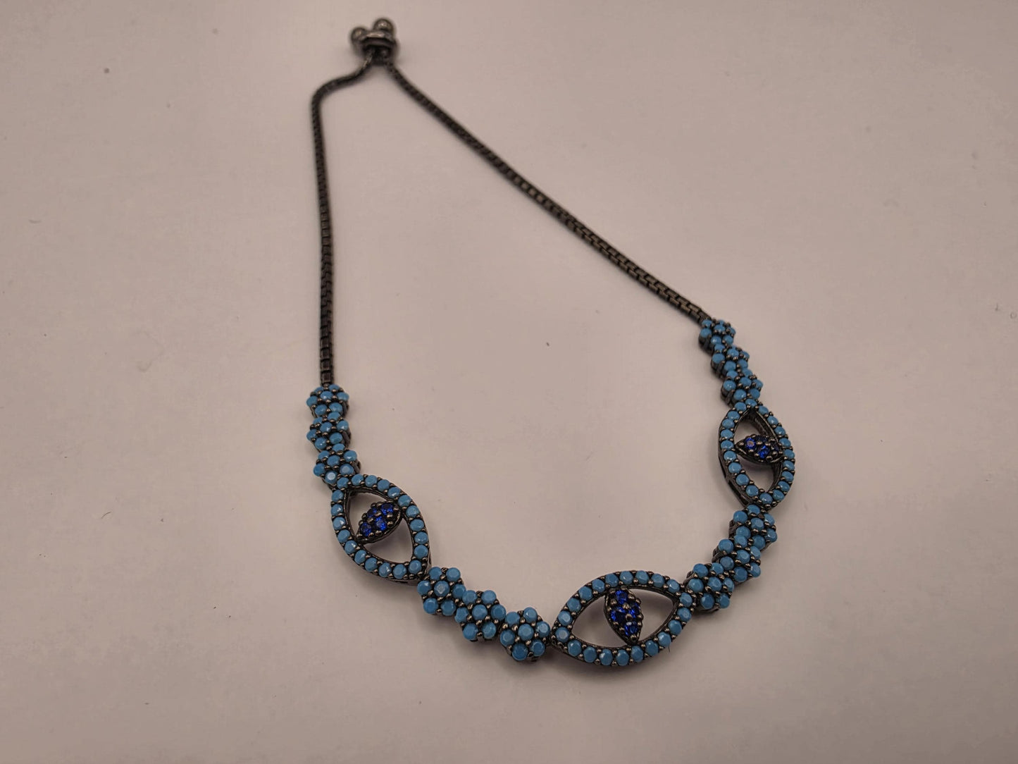 Sterling Silver Oxidized Turquoise CZ Evil Eye Bolo Bracelet | 925 Silver | 8.5 Inch Adjustable