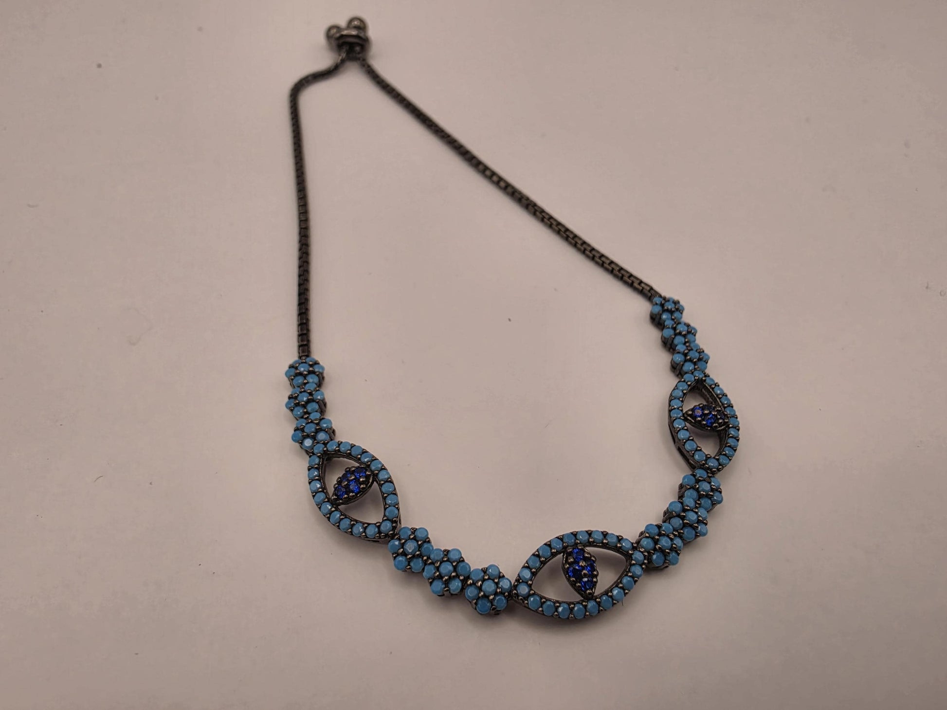 Sterling Silver Oxidized Turquoise CZ Evil Eye Bolo Bracelet | 925 Silver | 8.5 Inch Adjustable