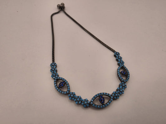 Sterling Silver Oxidized Turquoise CZ Evil Eye Bolo Bracelet | 925 Silver | 8.5 Inch Adjustable