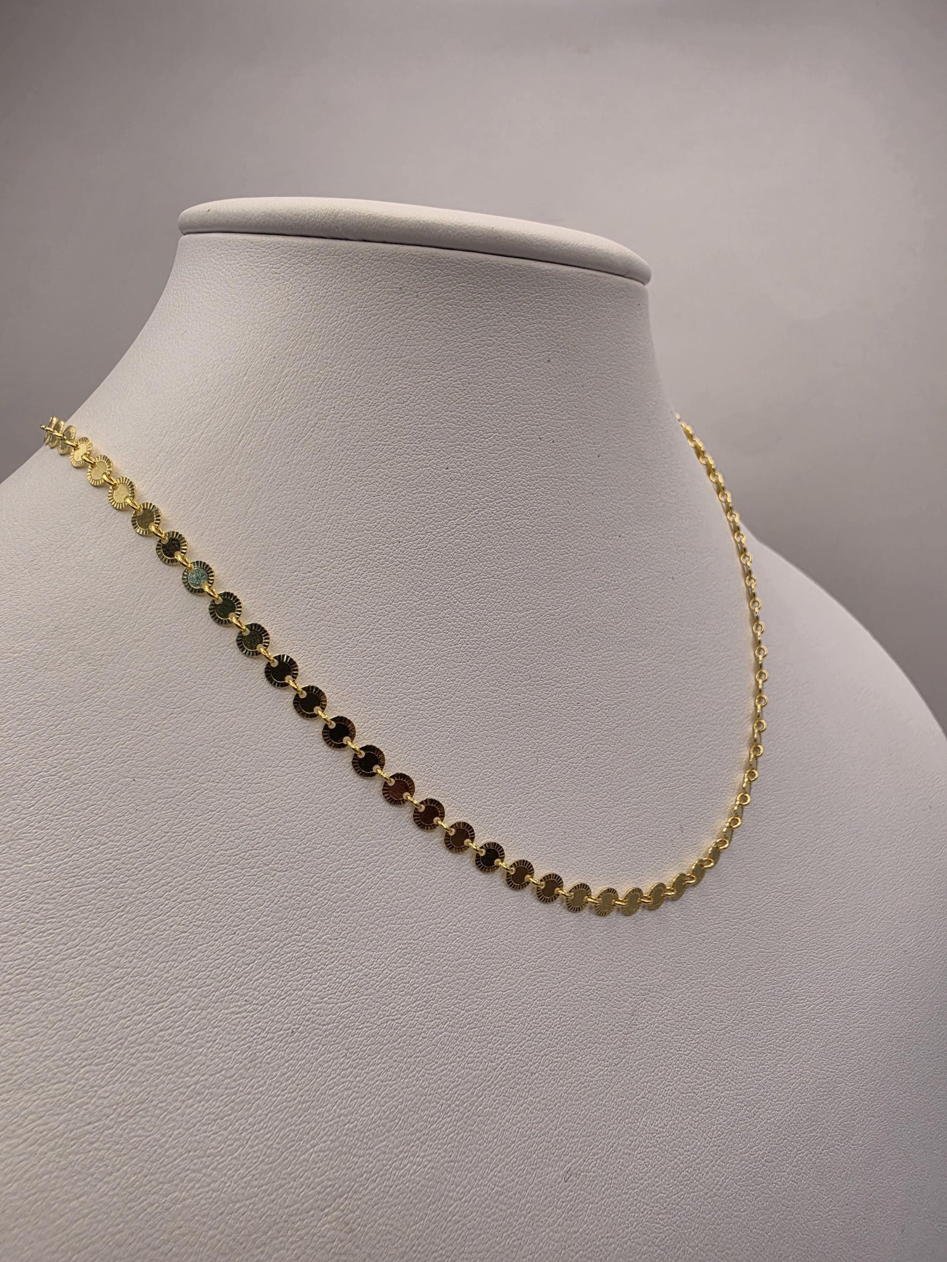 18K Gold Plated Sequin Chain Necklace, Sterling Silver, 16.5 in 4.38mm, Flat Mirror Disc Chain, Dainty Gold Layering Necklace, Gift for Her