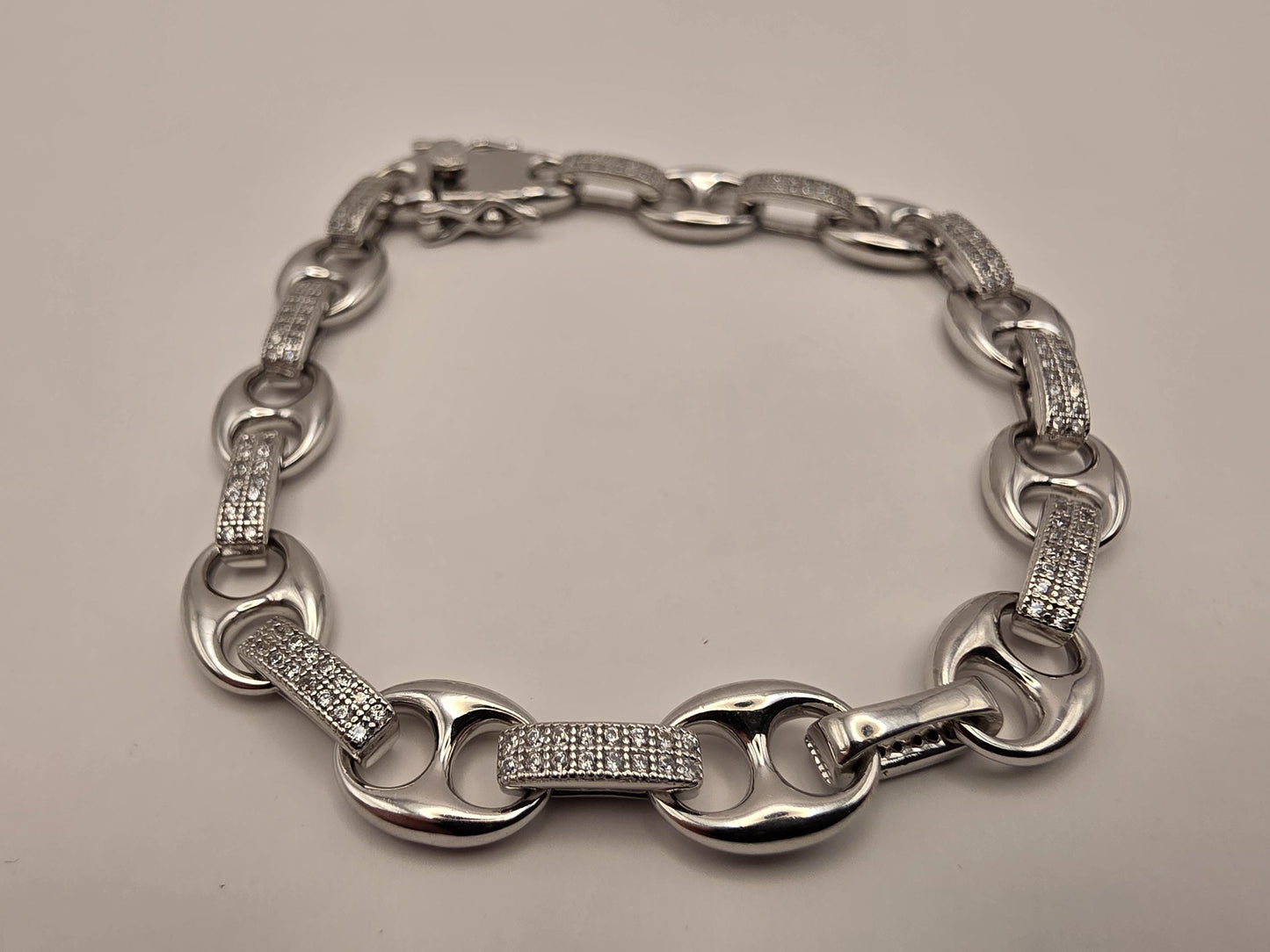 Sterling Silver CZ Mariner Link Bracelet, Pave Anchor Link, 925 Silver, 7 in 8mm, Iced Out Bracelet, Unisex Bling Bracelet, Gift Idea