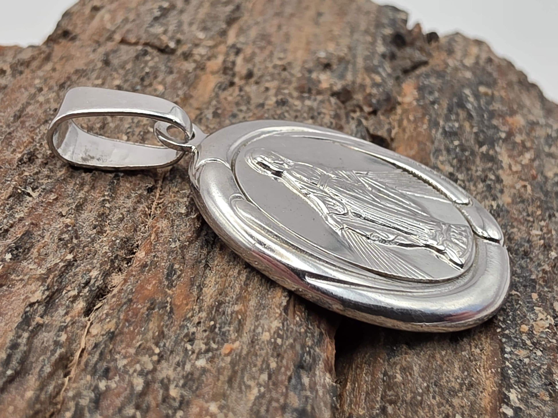 Sterling Silver Miraculous Medal Pendant, Virgin Mary Oval, 925 Silver, 1 in, Our Lady Religious Pendant, Catholic Jewelry, Faith Gift