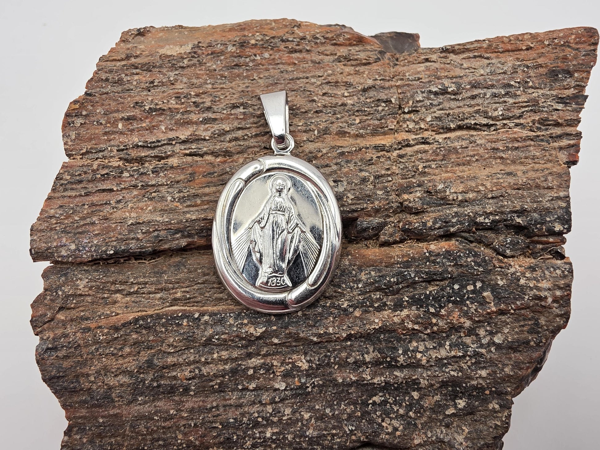 Sterling Silver Miraculous Medal Pendant, Virgin Mary Oval, 925 Silver, 1 in, Our Lady Religious Pendant, Catholic Jewelry, Faith Gift