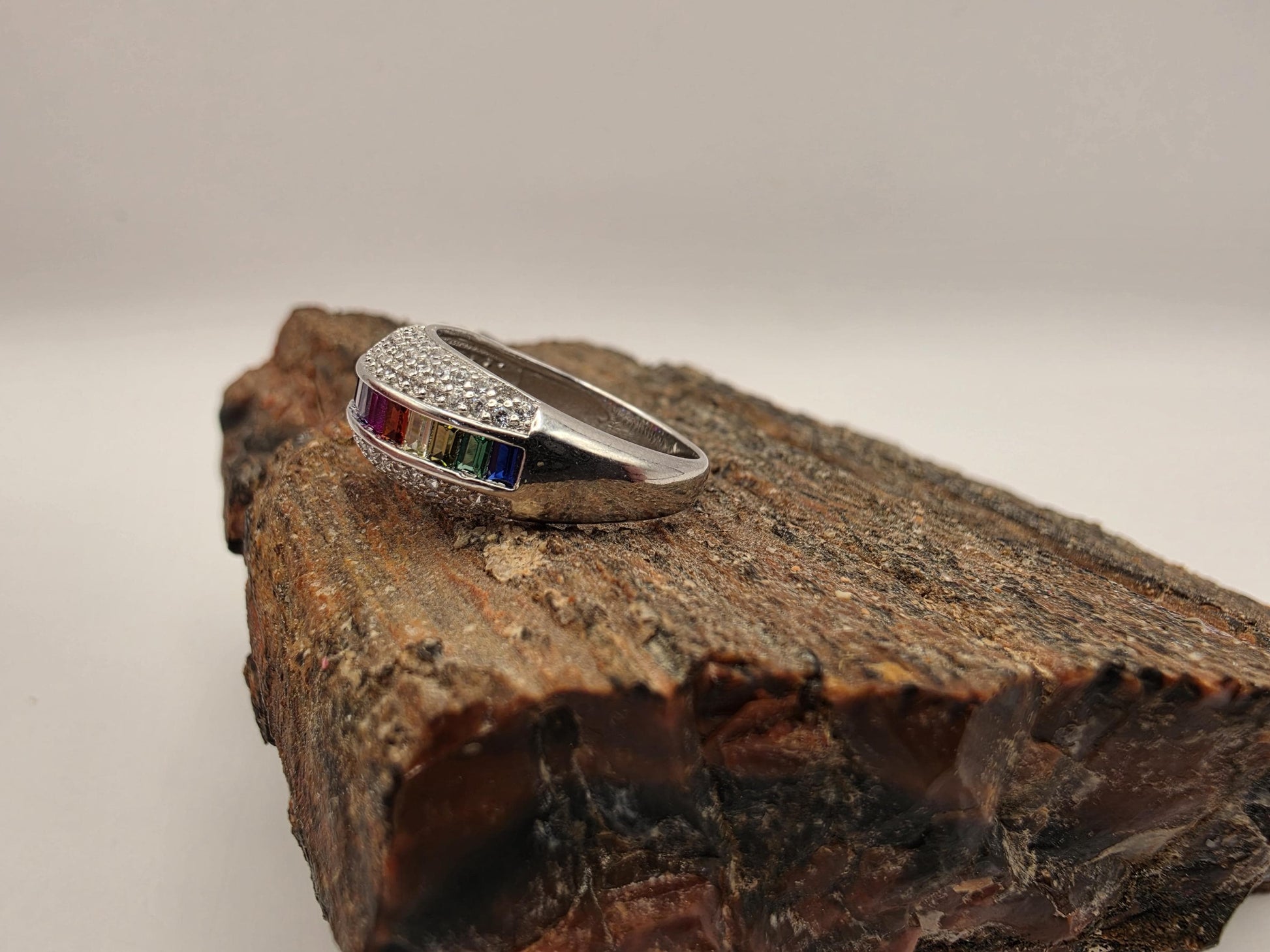 Sterling Silver Rainbow Eternity Band Ring, Multi Color CZ Baguette, 925 Silver, Size 6, Rainbow Ring, Stackable Band, Pride Gift