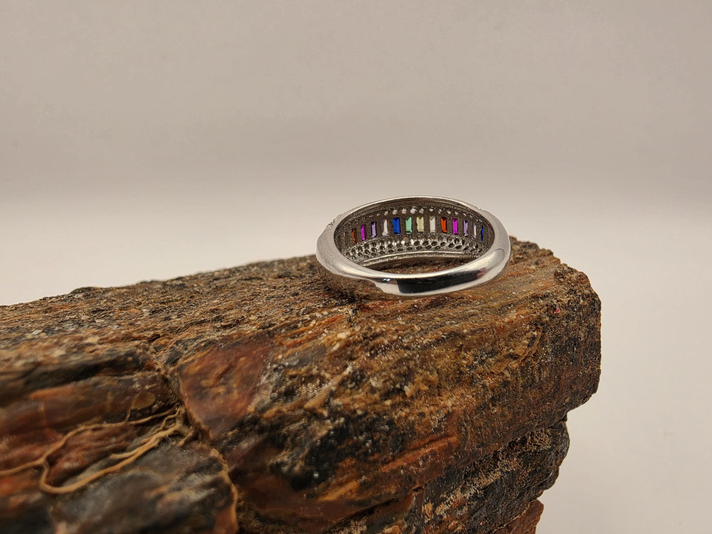 Sterling Silver Rainbow Eternity Band Ring, Multi Color CZ Baguette, 925 Silver, Size 6, Rainbow Ring, Stackable Band, Pride Gift