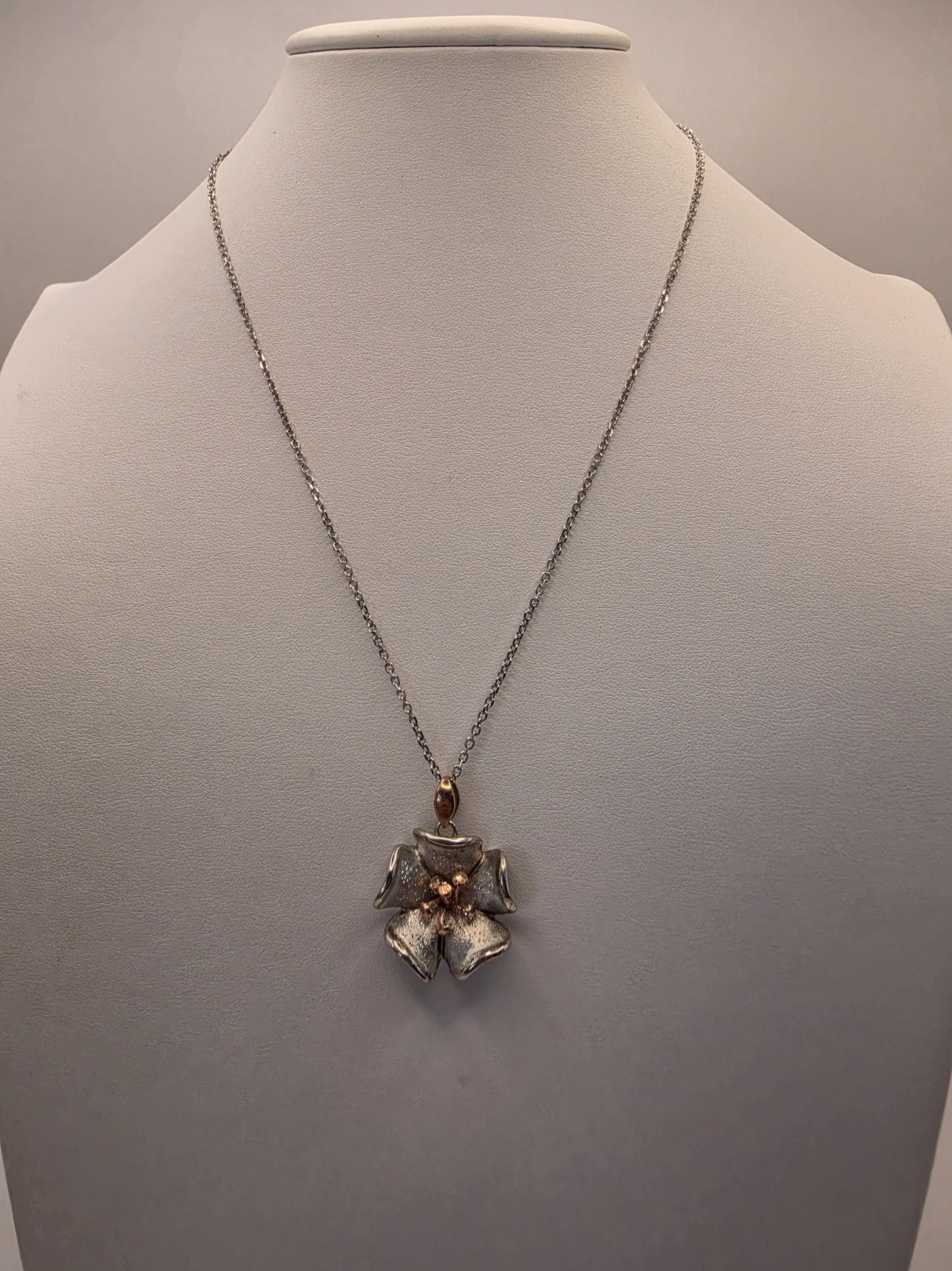 Sterling Silver Flower Pendant Necklace | 925 Silver | Two Tone Rose Accent | 18.5 Inch | Floral Blossom | Womens Gift