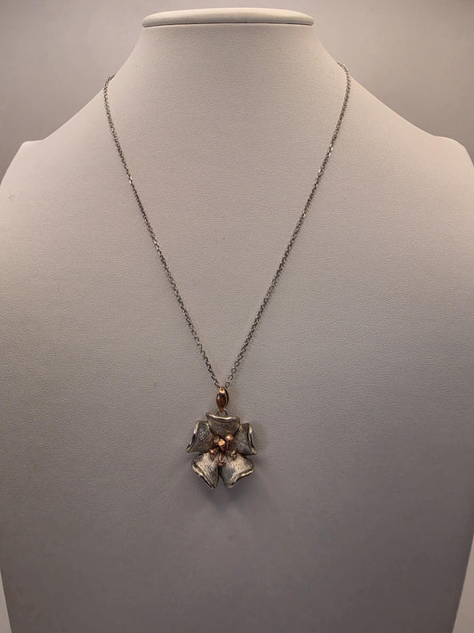 Sterling Silver Flower Pendant Necklace | 925 Silver | Two Tone Rose Accent | 18.5 Inch | Floral Blossom | Womens Gift