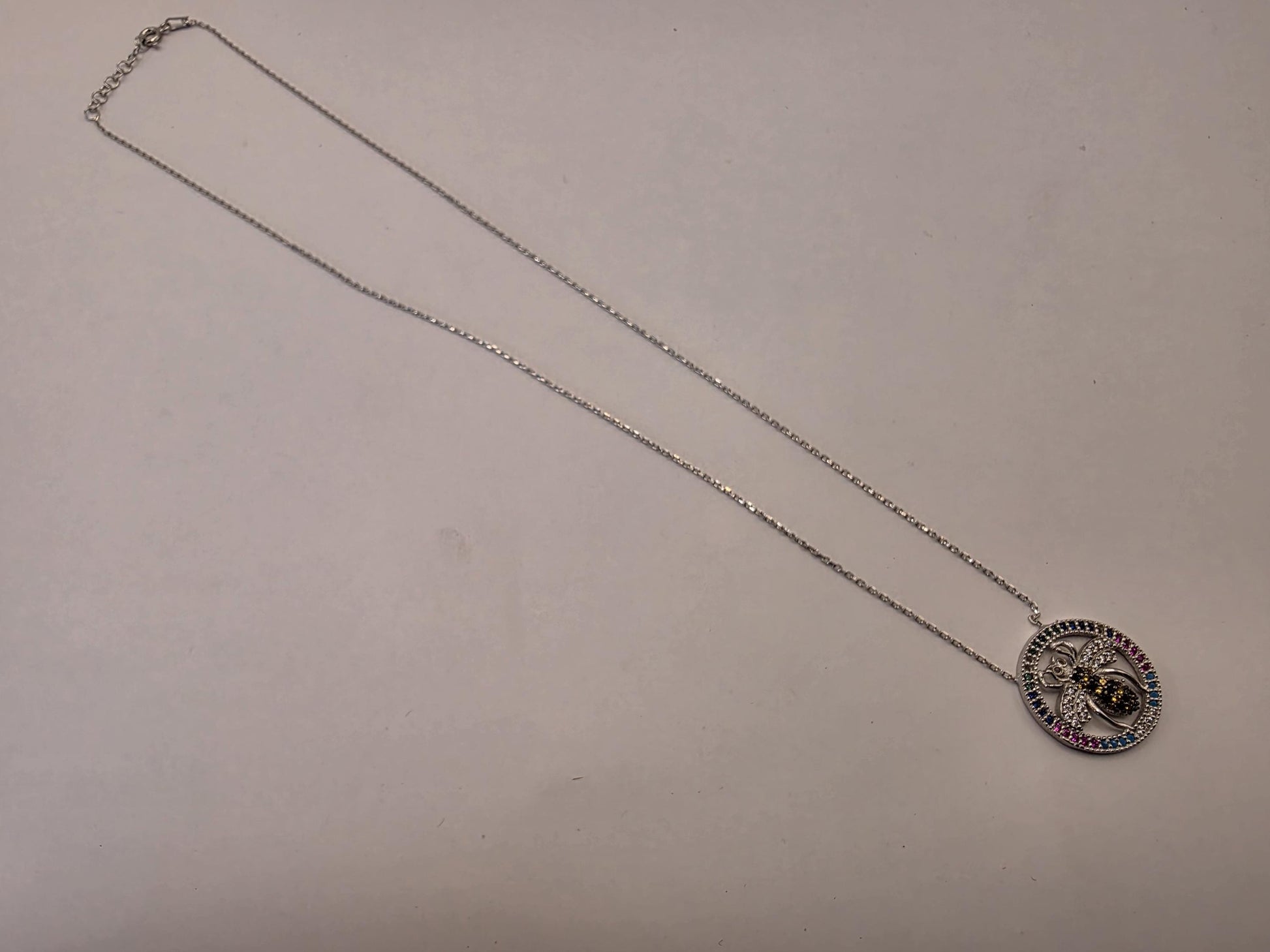 Sterling Silver Bee Pendant Necklace | 925 Silver | Colorful CZ Halo | 18 Inch | Multicolor Insect Charm | Womens Gift