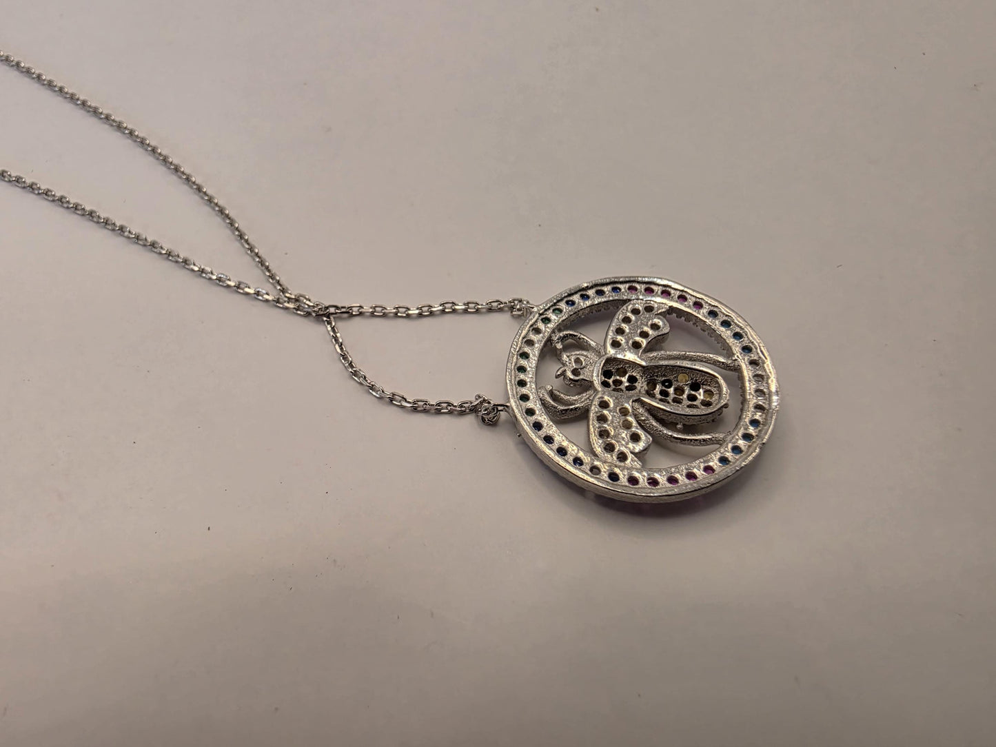 Sterling Silver Bee Pendant Necklace | 925 Silver | Colorful CZ Halo | 18 Inch | Multicolor Insect Charm | Womens Gift