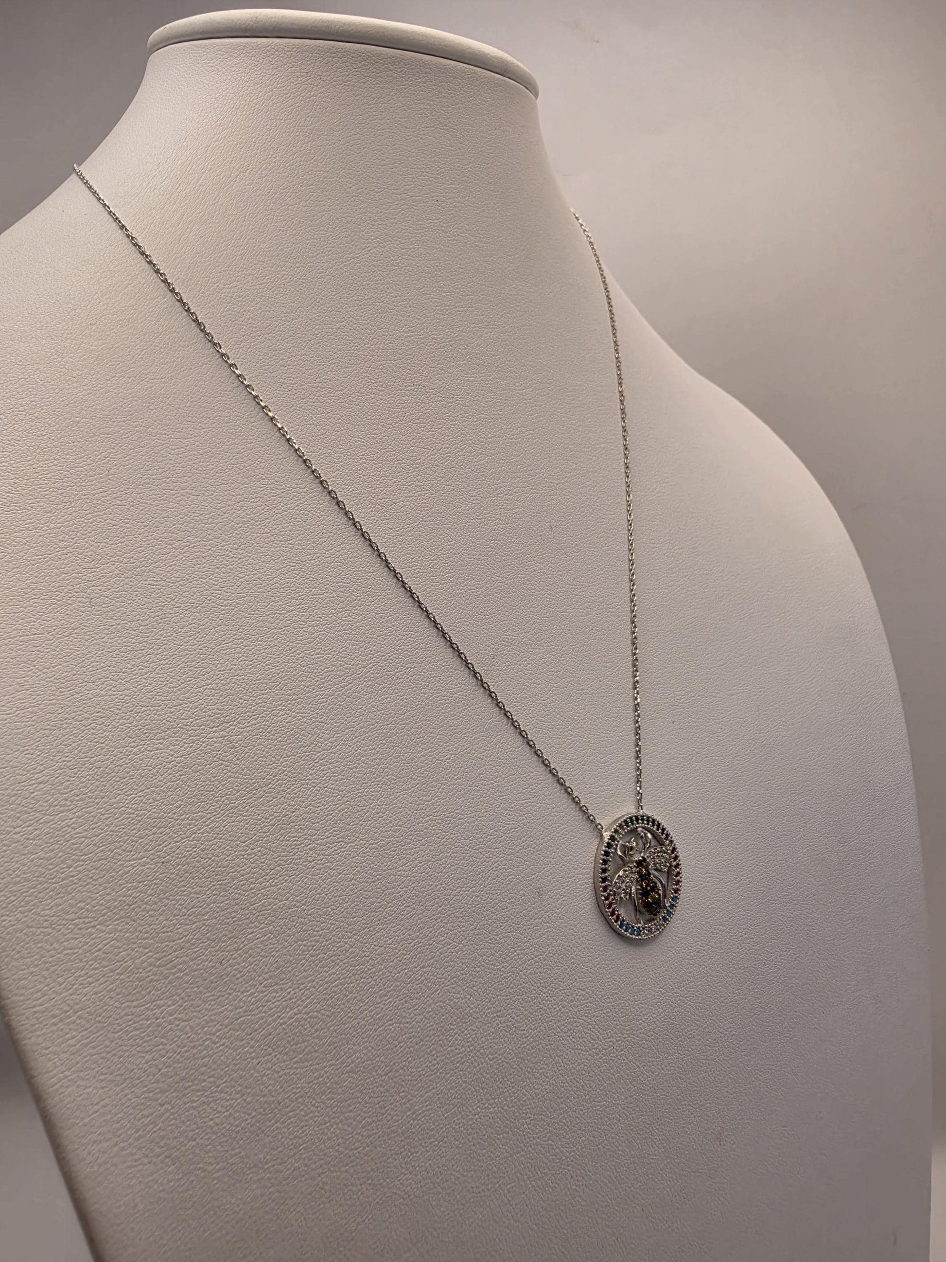 Sterling Silver Bee Pendant Necklace | 925 Silver | Colorful CZ Halo | 18 Inch | Multicolor Insect Charm | Womens Gift