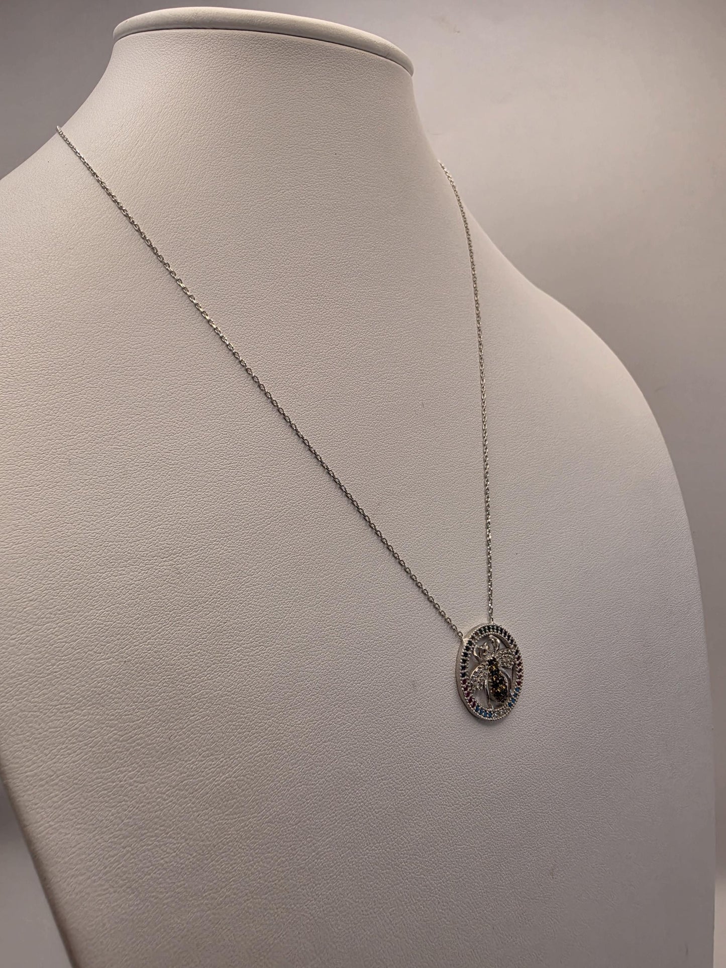 Sterling Silver Bee Pendant Necklace | 925 Silver | Colorful CZ Halo | 18 Inch | Multicolor Insect Charm | Womens Gift