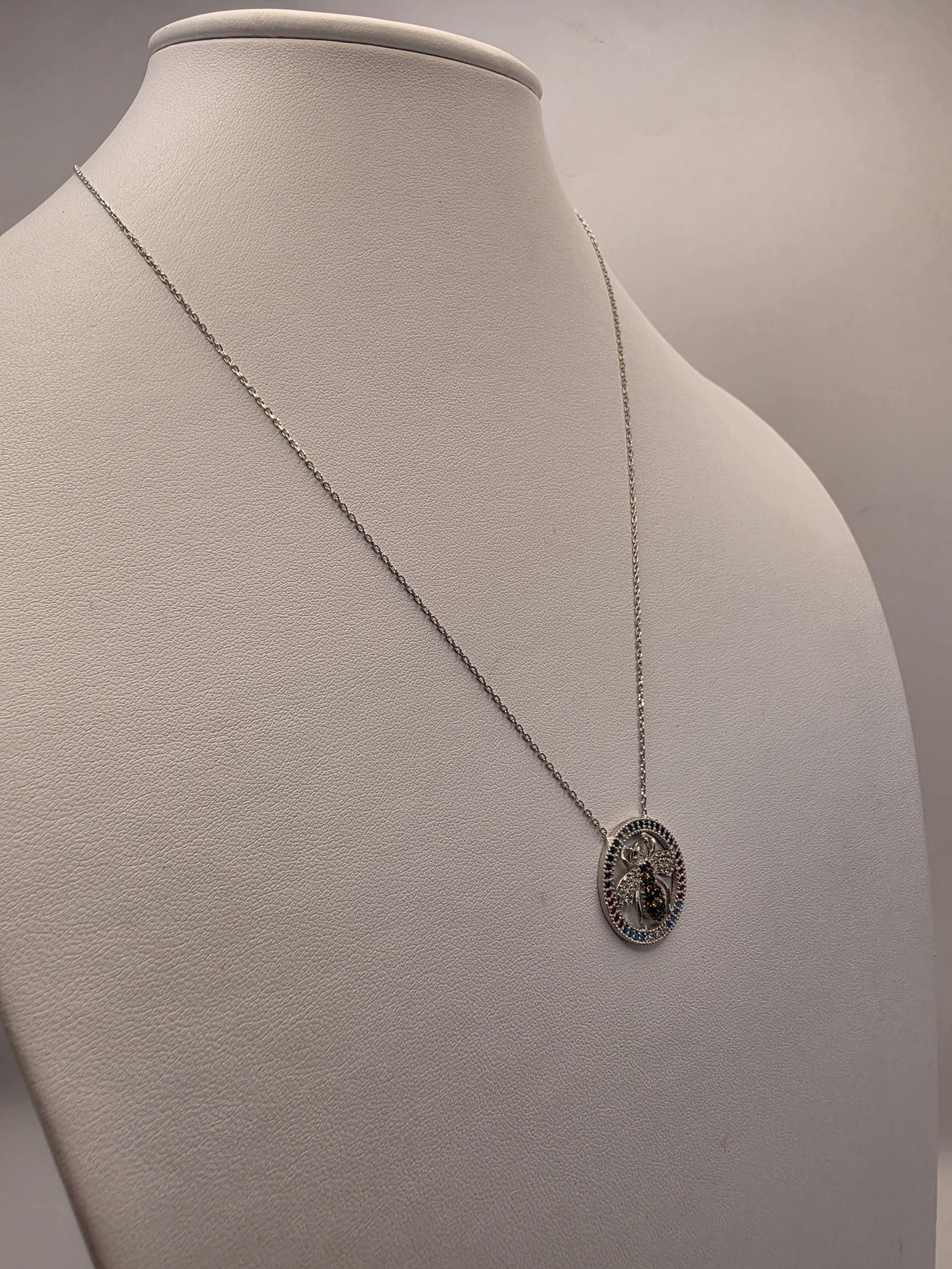 Sterling Silver Bee Pendant Necklace | 925 Silver | Colorful CZ Halo | 18 Inch | Multicolor Insect Charm | Womens Gift