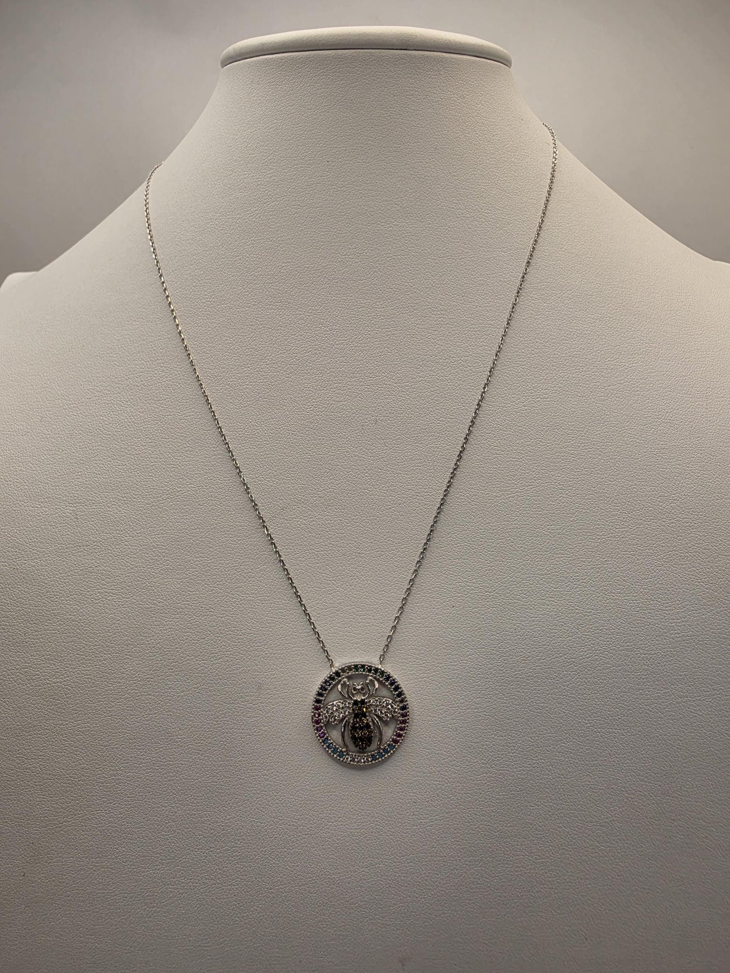 Sterling Silver Bee Pendant Necklace | 925 Silver | Colorful CZ Halo | 18 Inch | Multicolor Insect Charm | Womens Gift