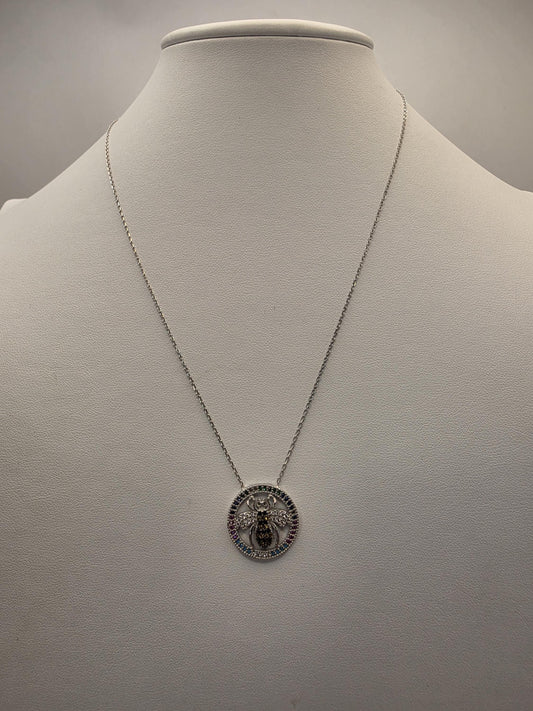 Sterling Silver Bee Pendant Necklace | 925 Silver | Colorful CZ Halo | 18 Inch | Multicolor Insect Charm | Womens Gift