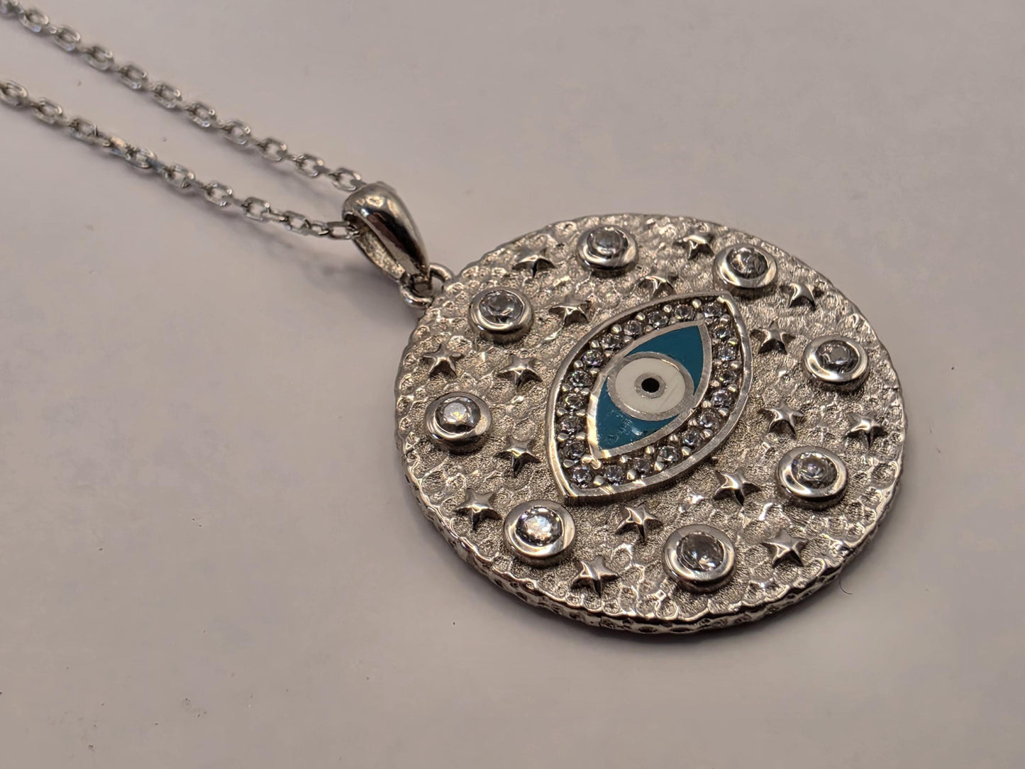 Sterling Silver Evil Eye Pendant Necklace | 925 Silver | CZ Disc | 17 Inch | Protection Charm | Womens Gift Jewelry