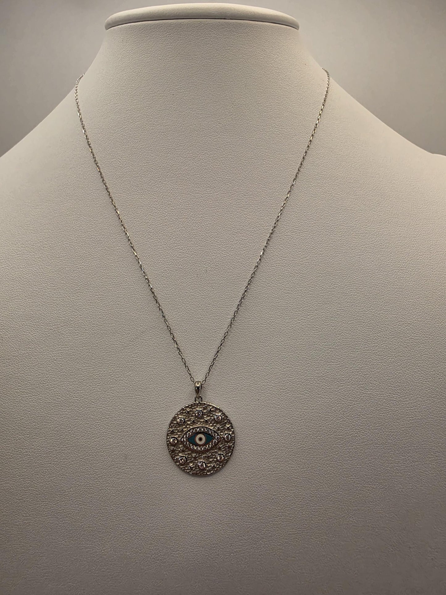 Sterling Silver Evil Eye Pendant Necklace | 925 Silver | CZ Disc | 17 Inch | Protection Charm | Womens Gift Jewelry