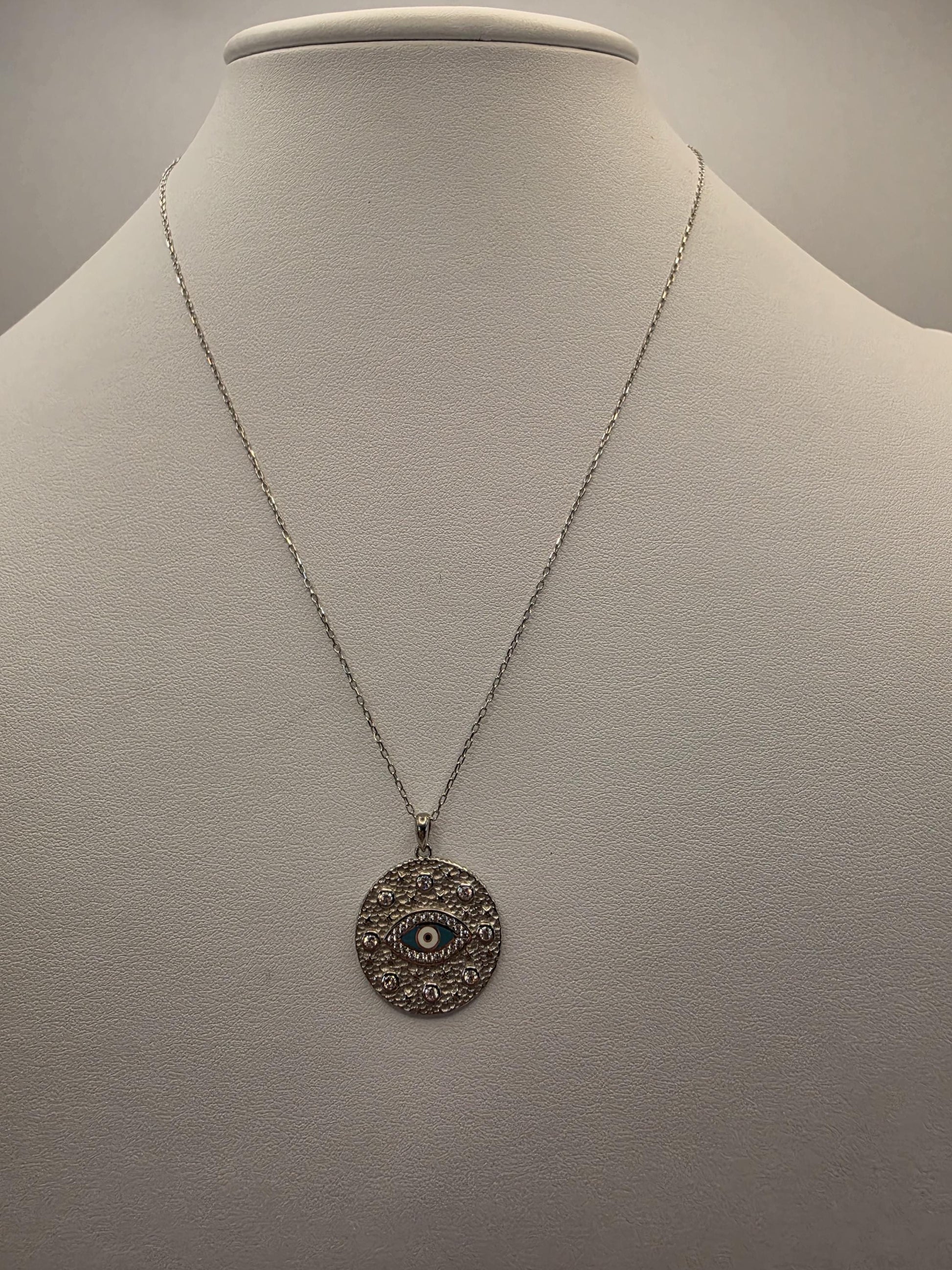 Sterling Silver Evil Eye Pendant Necklace | 925 Silver | CZ Disc | 17 Inch | Protection Charm | Womens Gift Jewelry