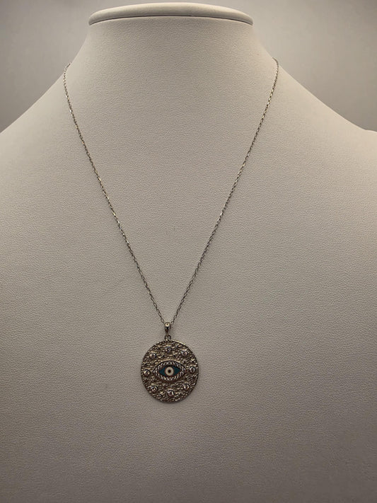 Sterling Silver Evil Eye Pendant Necklace | 925 Silver | CZ Disc | 17 Inch | Protection Charm | Womens Gift Jewelry