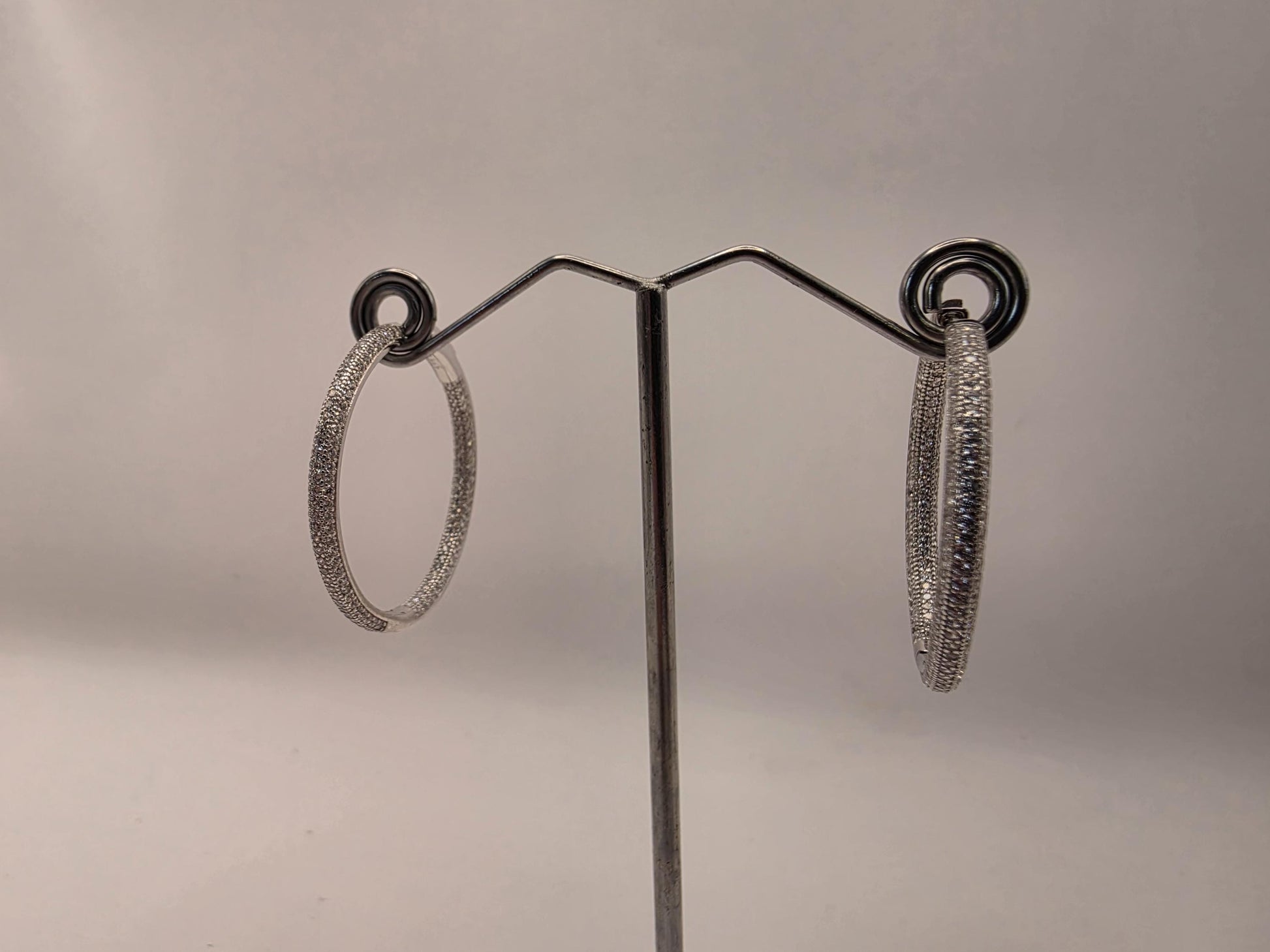 Sterling Silver Pave CZ Hoop Earrings | 925 Silver | 1.125 Inch | Sparkling Cubic Zirconia Hoops | Womens Hoops