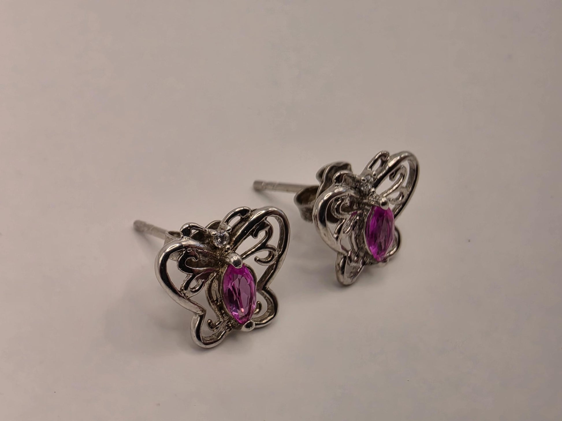 Sterling Silver Butterfly Stud Earrings | 925 Silver | Pink CZ | Filigree Butterfly Studs | Womens Dainty Stud Earrings