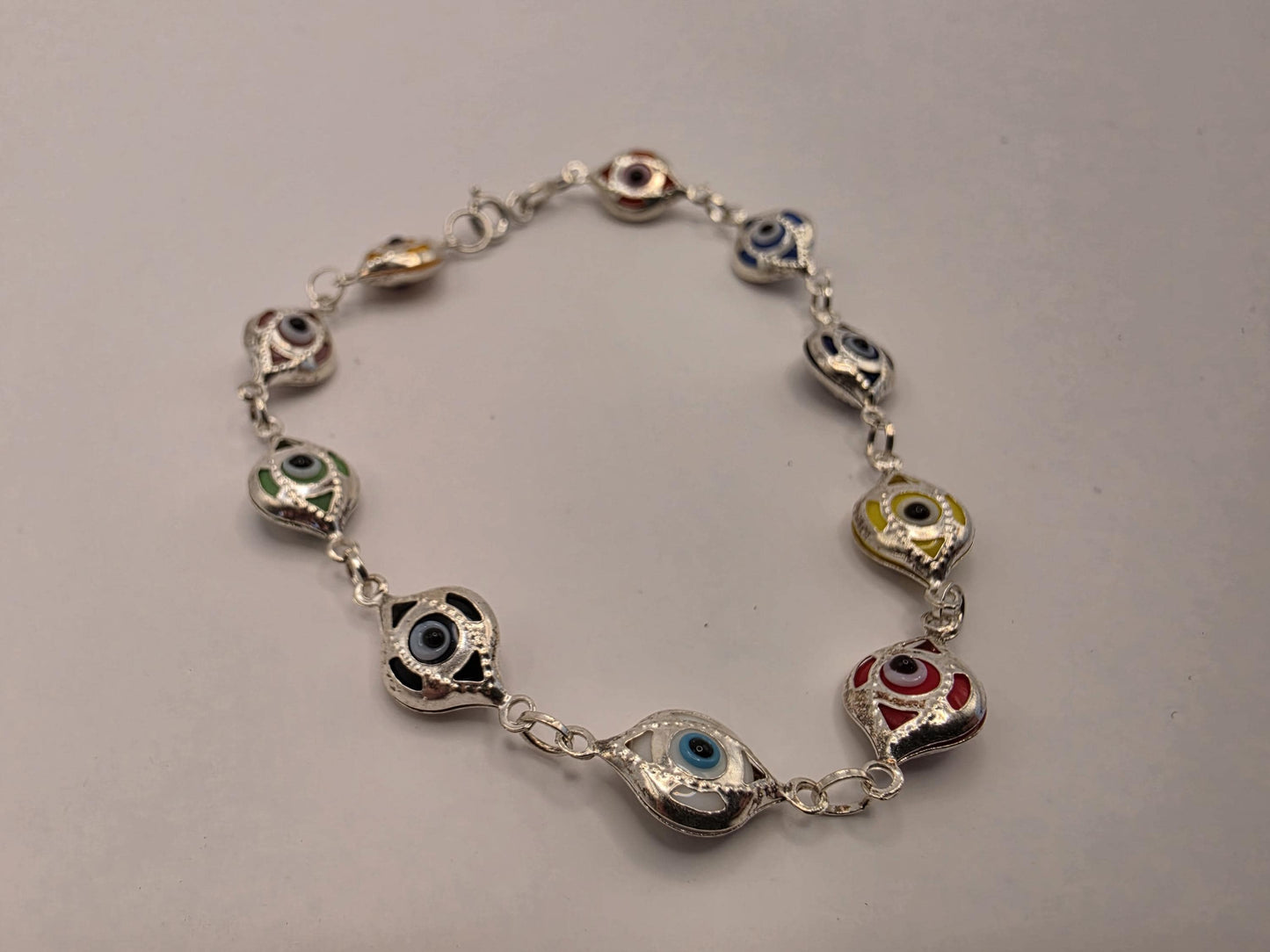 Sterling Silver Evil Eye Bracelet | 925 Silver | 7.5 Inch | Multicolor Enamel Eyes | Protection Charm | Womens Bracelet