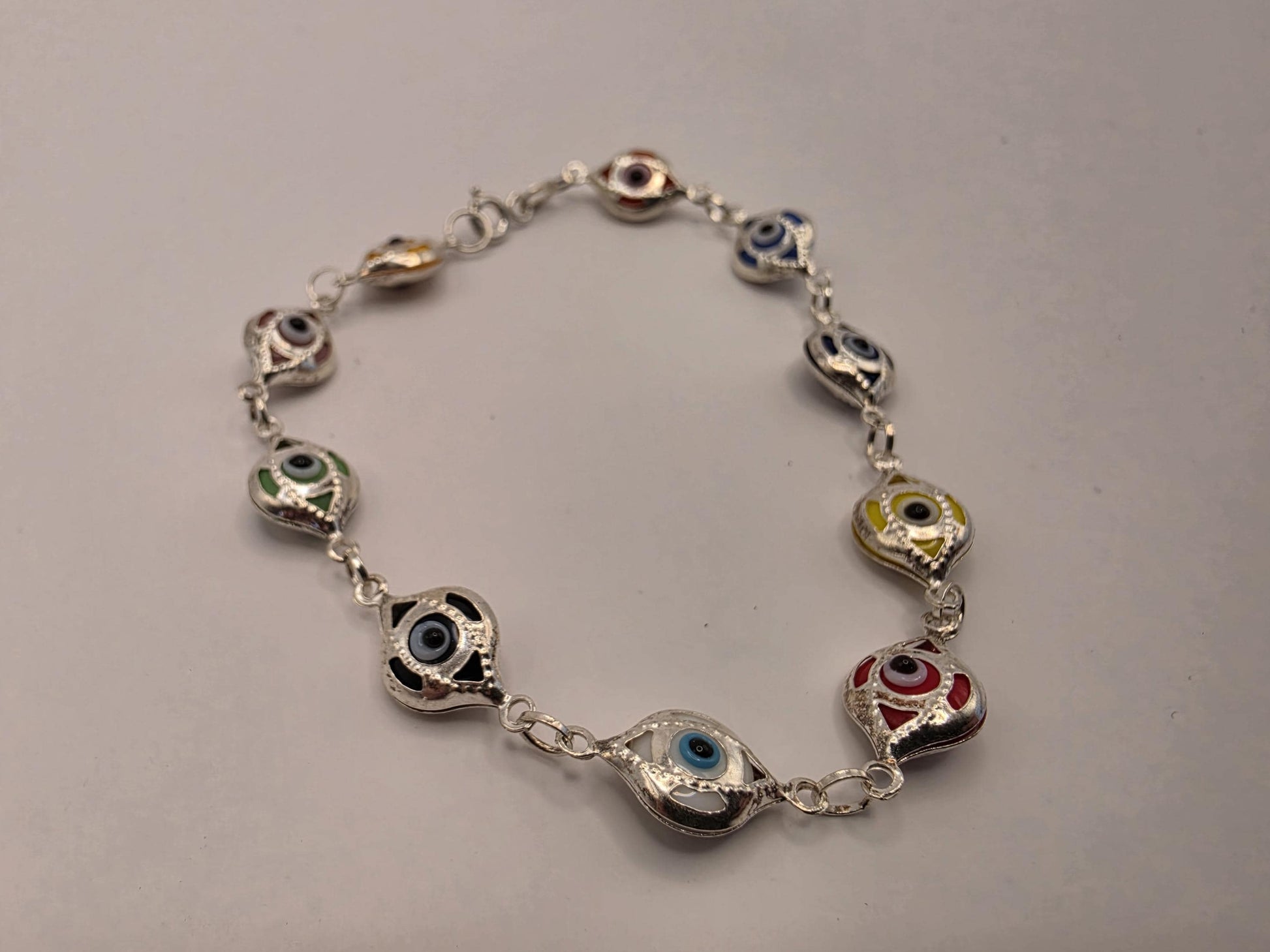 Sterling Silver Evil Eye Bracelet | 925 Silver | 7.5 Inch | Multicolor Enamel Eyes | Protection Charm | Womens Bracelet