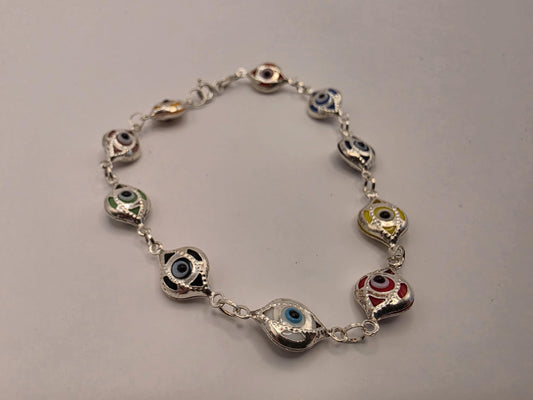 Sterling Silver Evil Eye Bracelet | 925 Silver | 7.5 Inch | Multicolor Enamel Eyes | Protection Charm | Womens Bracelet