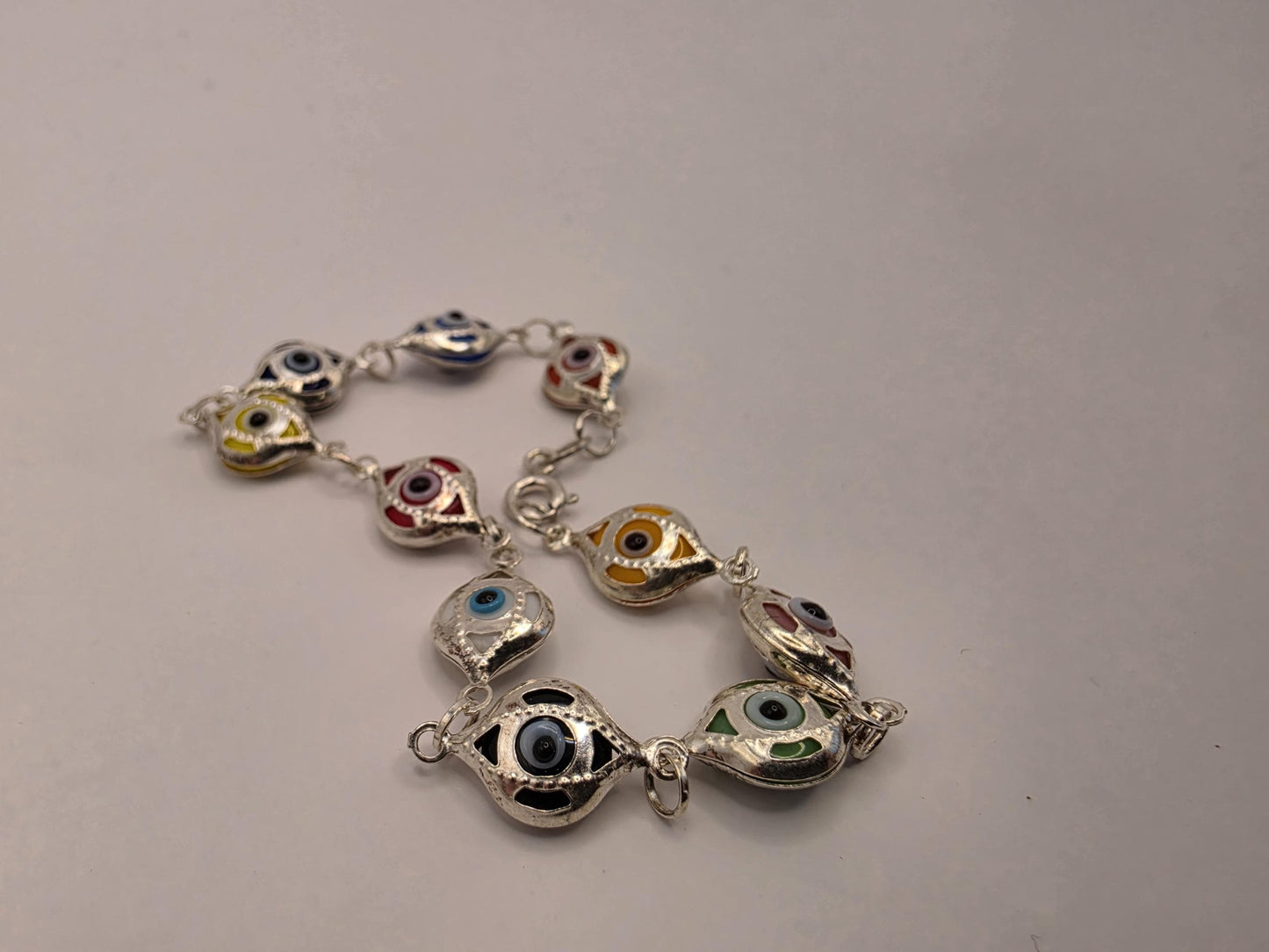 Sterling Silver Evil Eye Bracelet | 925 Silver | 7.5 Inch | Multicolor Enamel Eyes | Protection Charm | Womens Bracelet