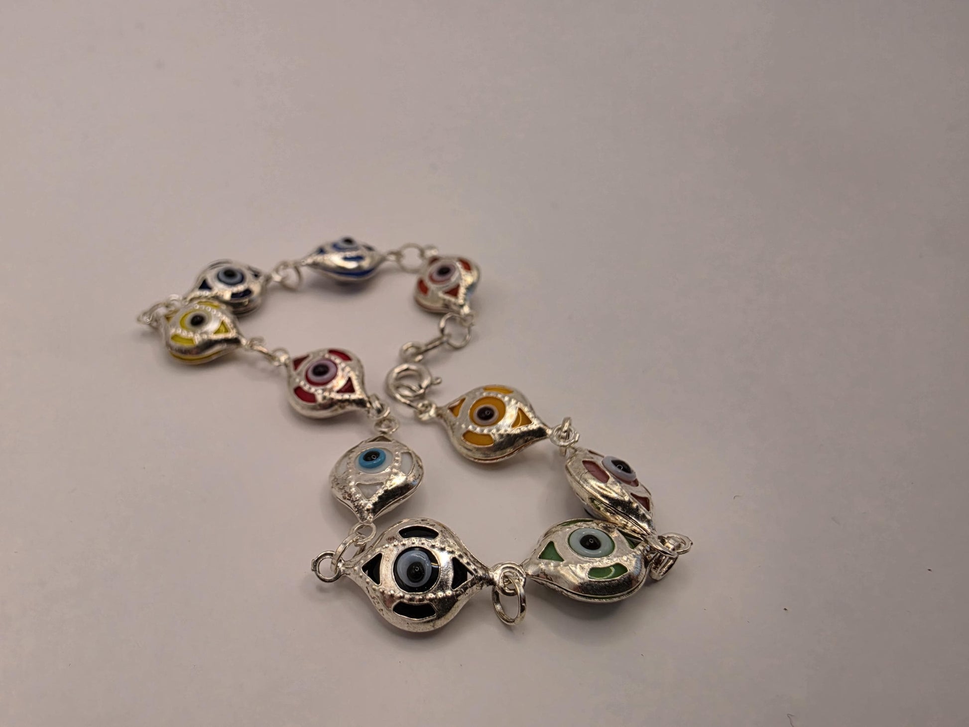 Sterling Silver Evil Eye Bracelet | 925 Silver | 7.5 Inch | Multicolor Enamel Eyes | Protection Charm | Womens Bracelet