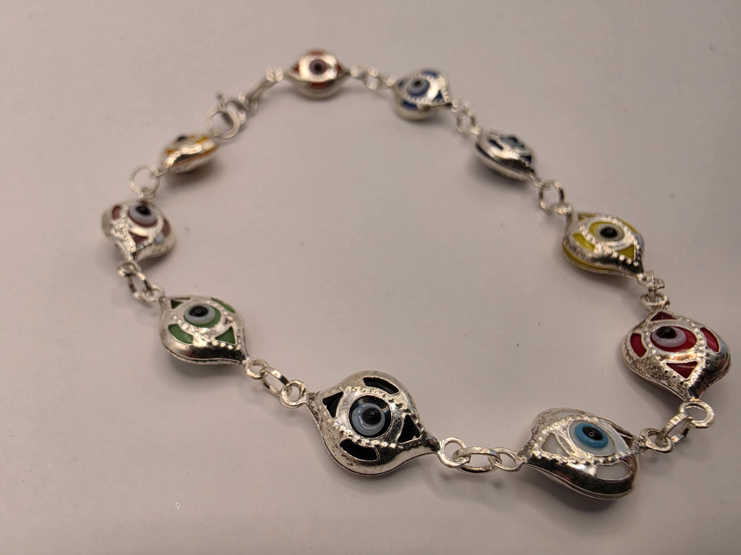 Sterling Silver Evil Eye Bracelet | 925 Silver | 7.5 Inch | Multicolor Enamel Eyes | Protection Charm | Womens Bracelet