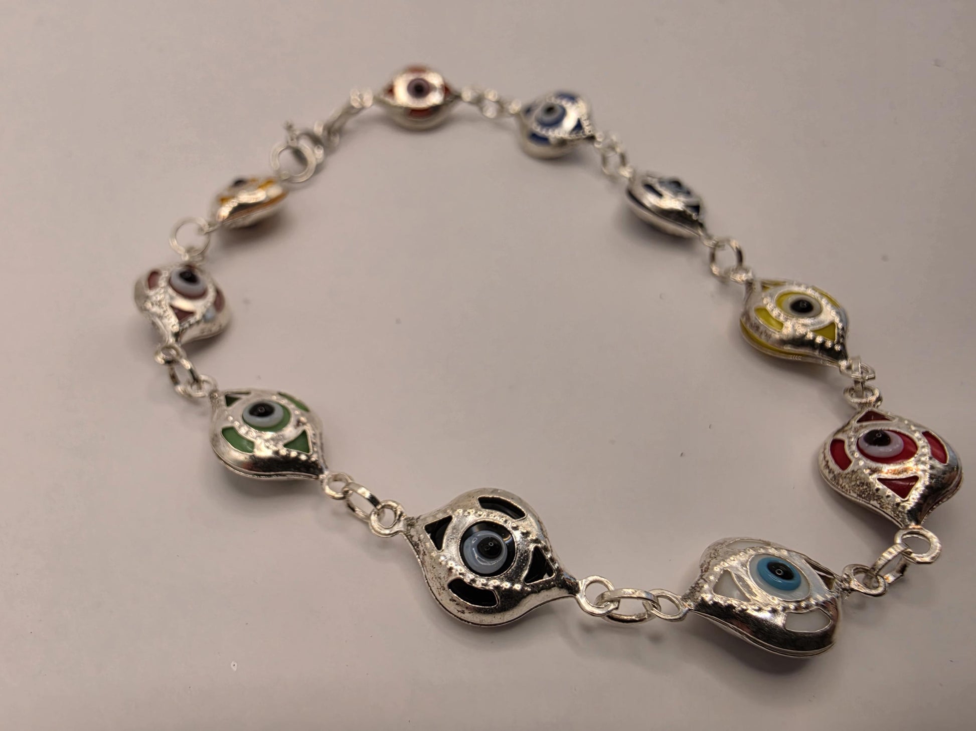 Sterling Silver Evil Eye Bracelet | 925 Silver | 7.5 Inch | Multicolor Enamel Eyes | Protection Charm | Womens Bracelet