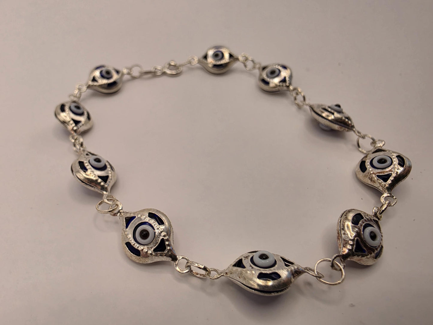 Sterling Silver Evil Eye Bracelet | 925 Silver | 7.5 Inch | Blue Enamel Eyes | Protection Charm | Womens Eye Bracelet