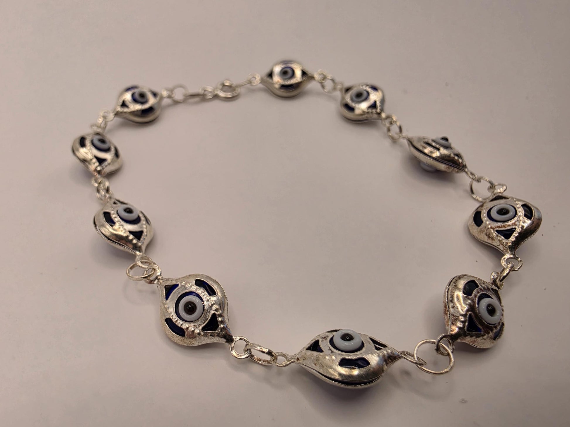Sterling Silver Evil Eye Bracelet | 925 Silver | 7.5 Inch | Blue Enamel Eyes | Protection Charm | Womens Eye Bracelet