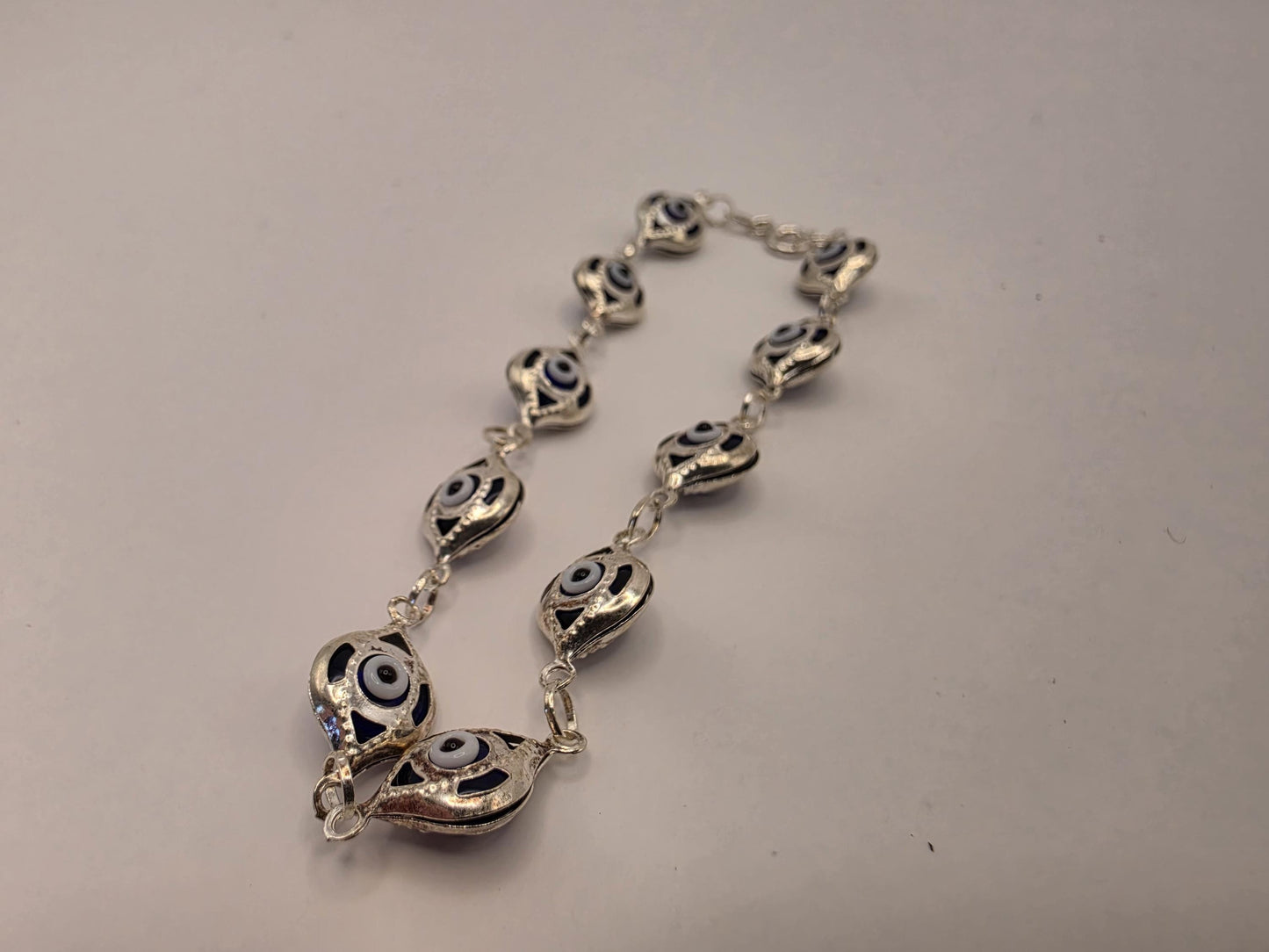 Sterling Silver Evil Eye Bracelet | 925 Silver | 7.5 Inch | Blue Enamel Eyes | Protection Charm | Womens Eye Bracelet
