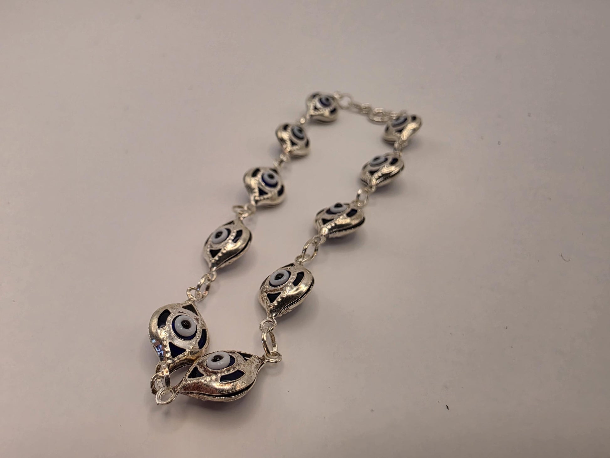 Sterling Silver Evil Eye Bracelet | 925 Silver | 7.5 Inch | Blue Enamel Eyes | Protection Charm | Womens Eye Bracelet