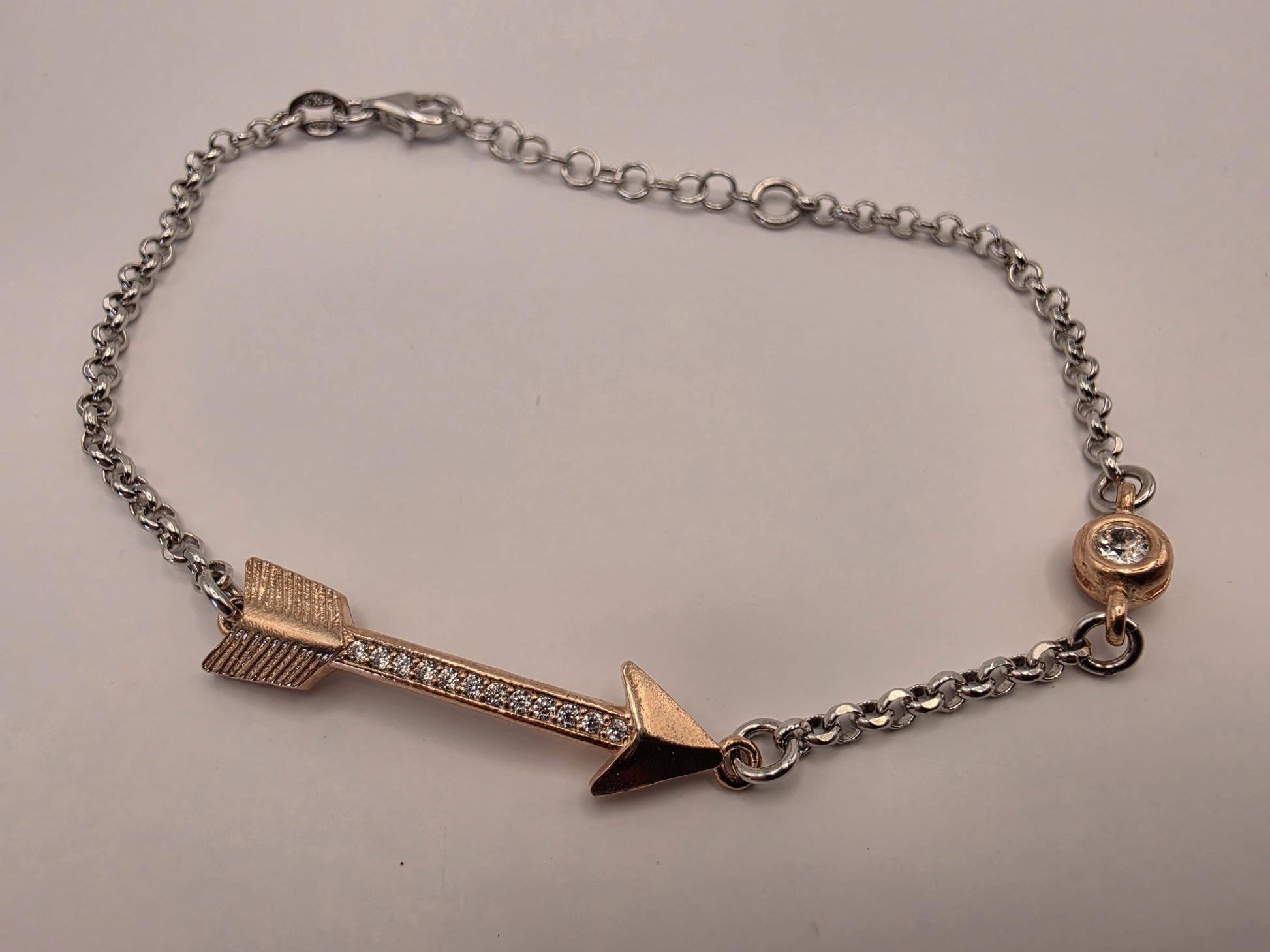 Sterling Silver Arrow Bracelet | 925 Silver | Two Tone Rose Gold Accent | 8.5 Inch | CZ Station | Womens Dainty Bracelet