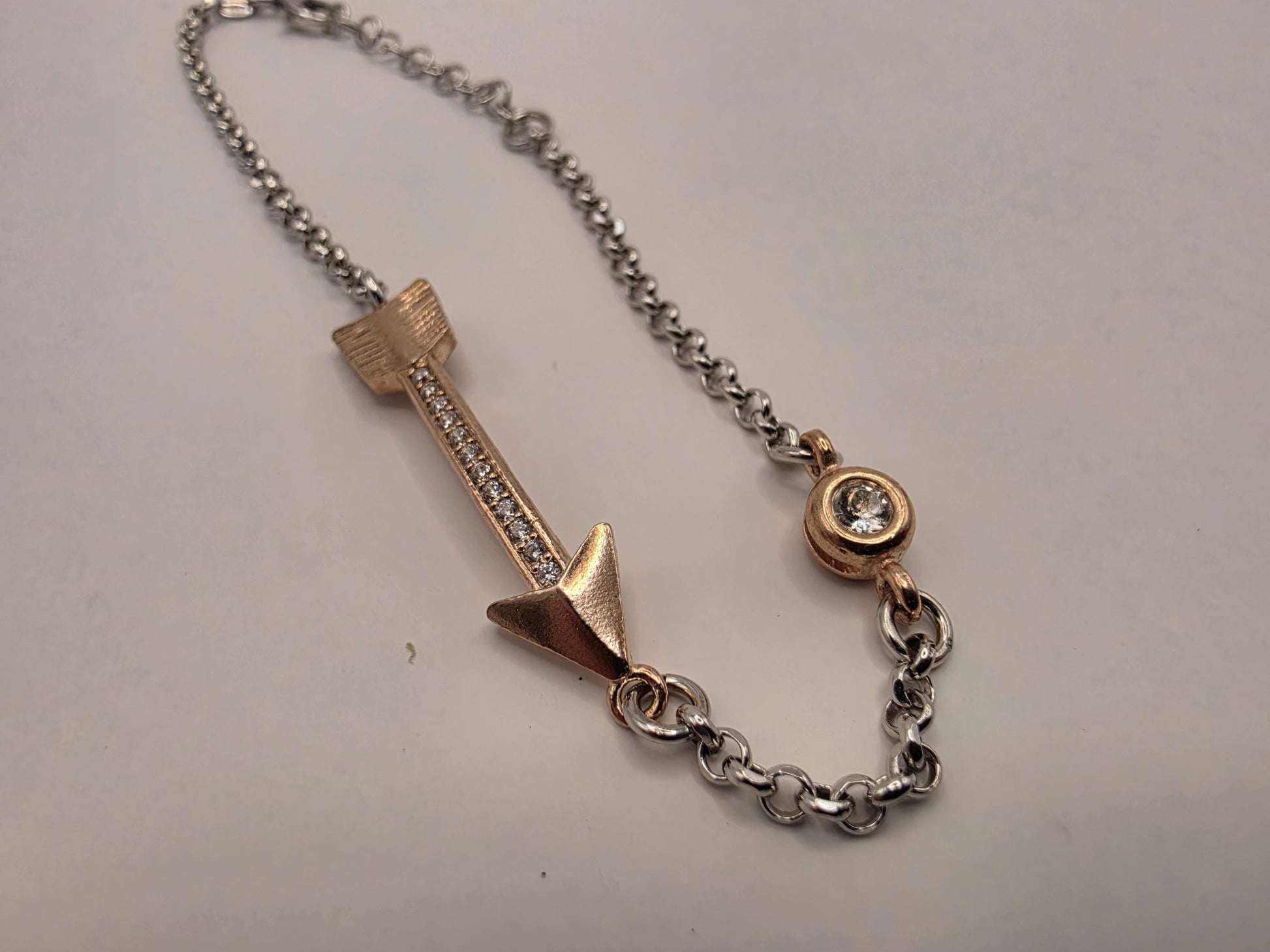 Sterling Silver Arrow Bracelet | 925 Silver | Two Tone Rose Gold Accent | 8.5 Inch | CZ Station | Womens Dainty Bracelet