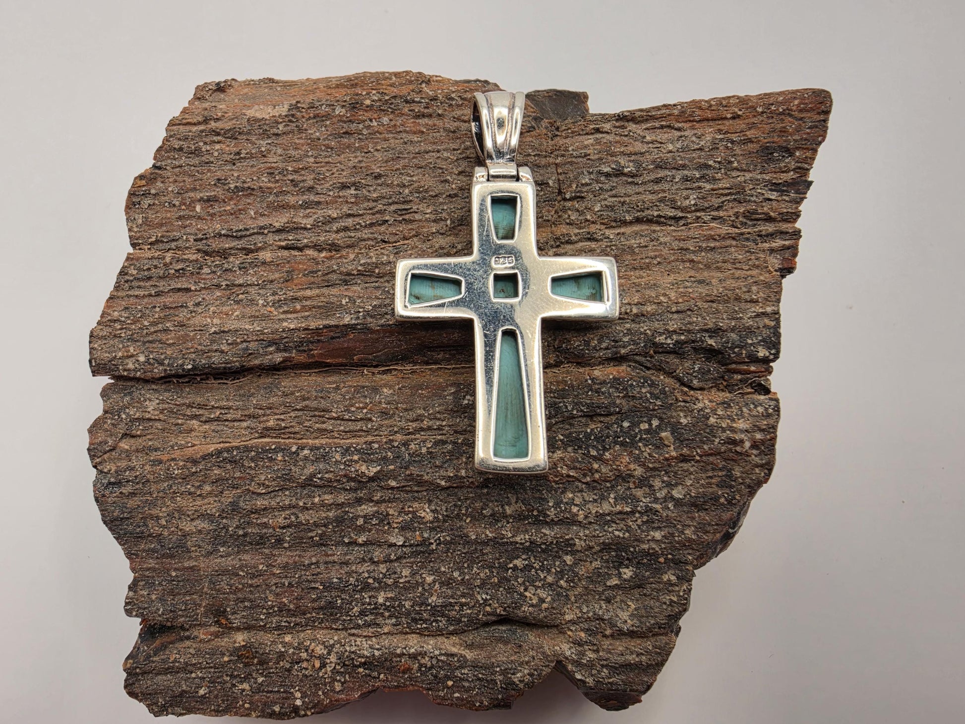 Sterling Silver Turquoise Cross Pendant | 925 Silver | Inlay Beaded Border | 2 Inch | Southwestern Faith Jewelry Pendant