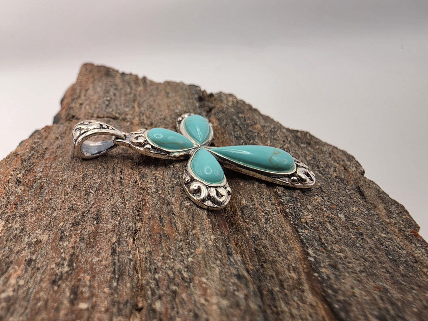 Sterling Silver Turquoise Cross Pendant | 925 Silver | Teardrop Stones Filigree | 1.5 Inch | Womens Faith Jewelry Pendant