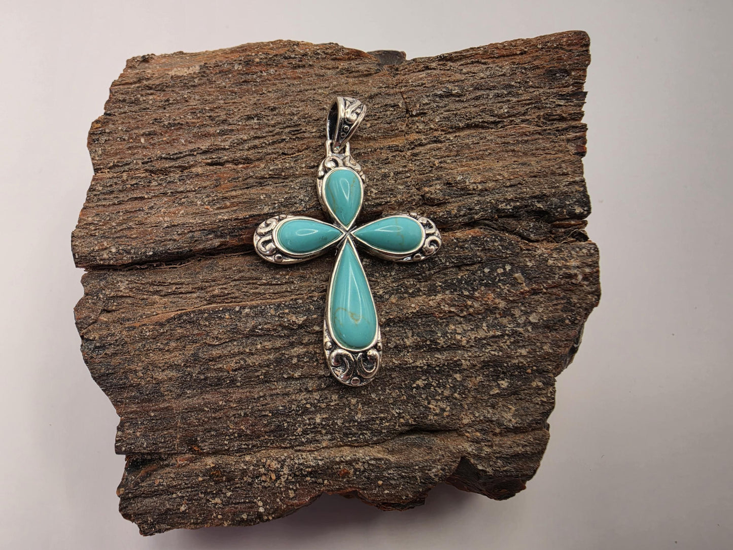 Sterling Silver Turquoise Cross Pendant | 925 Silver | Teardrop Stones Filigree | 1.5 Inch | Womens Faith Jewelry Pendant
