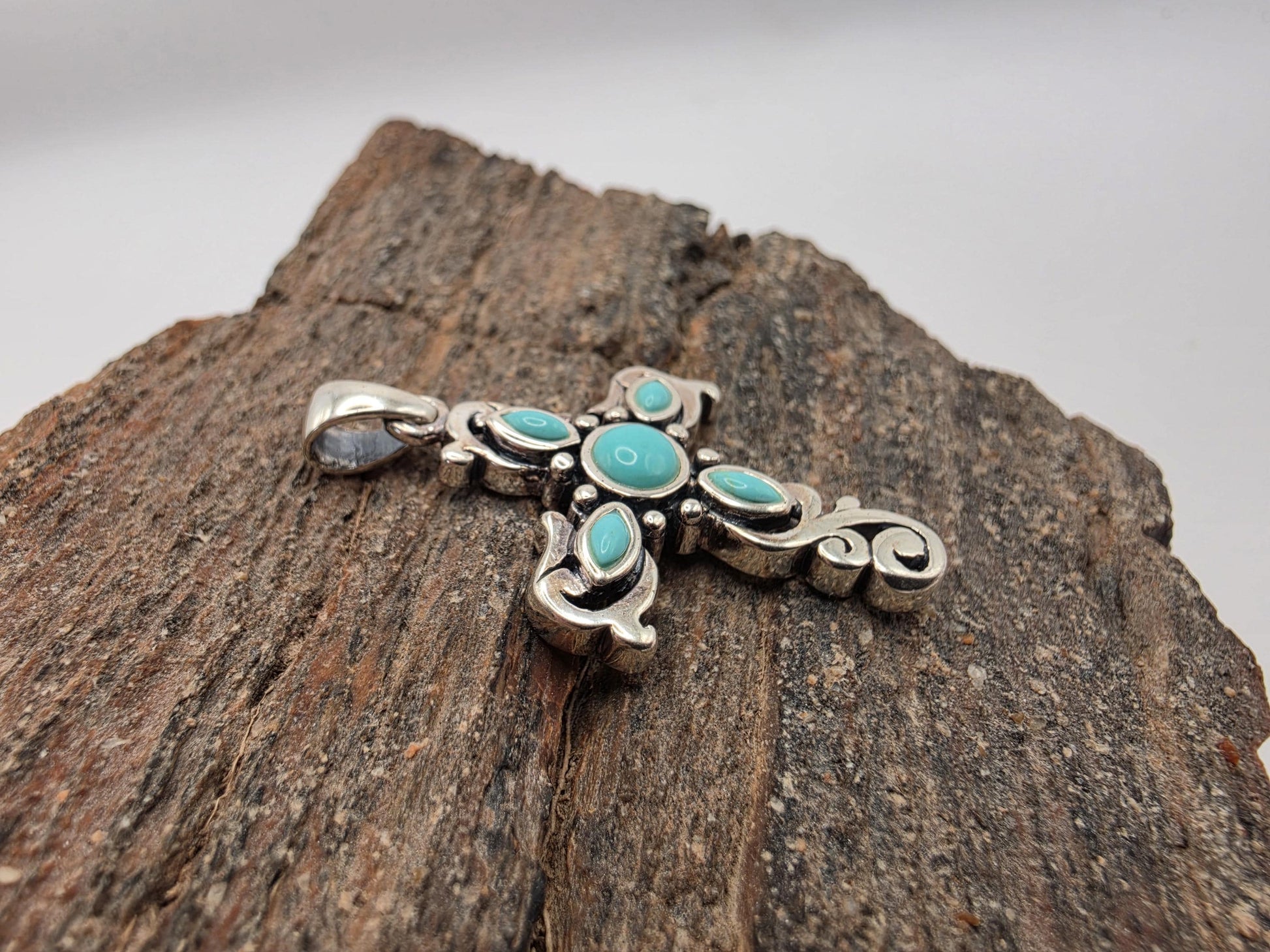 Sterling Silver Turquoise Cross Pendant | 925 Silver | Scroll Filigree Design | 1.25 Inch | Womens Faith Jewelry Pendant