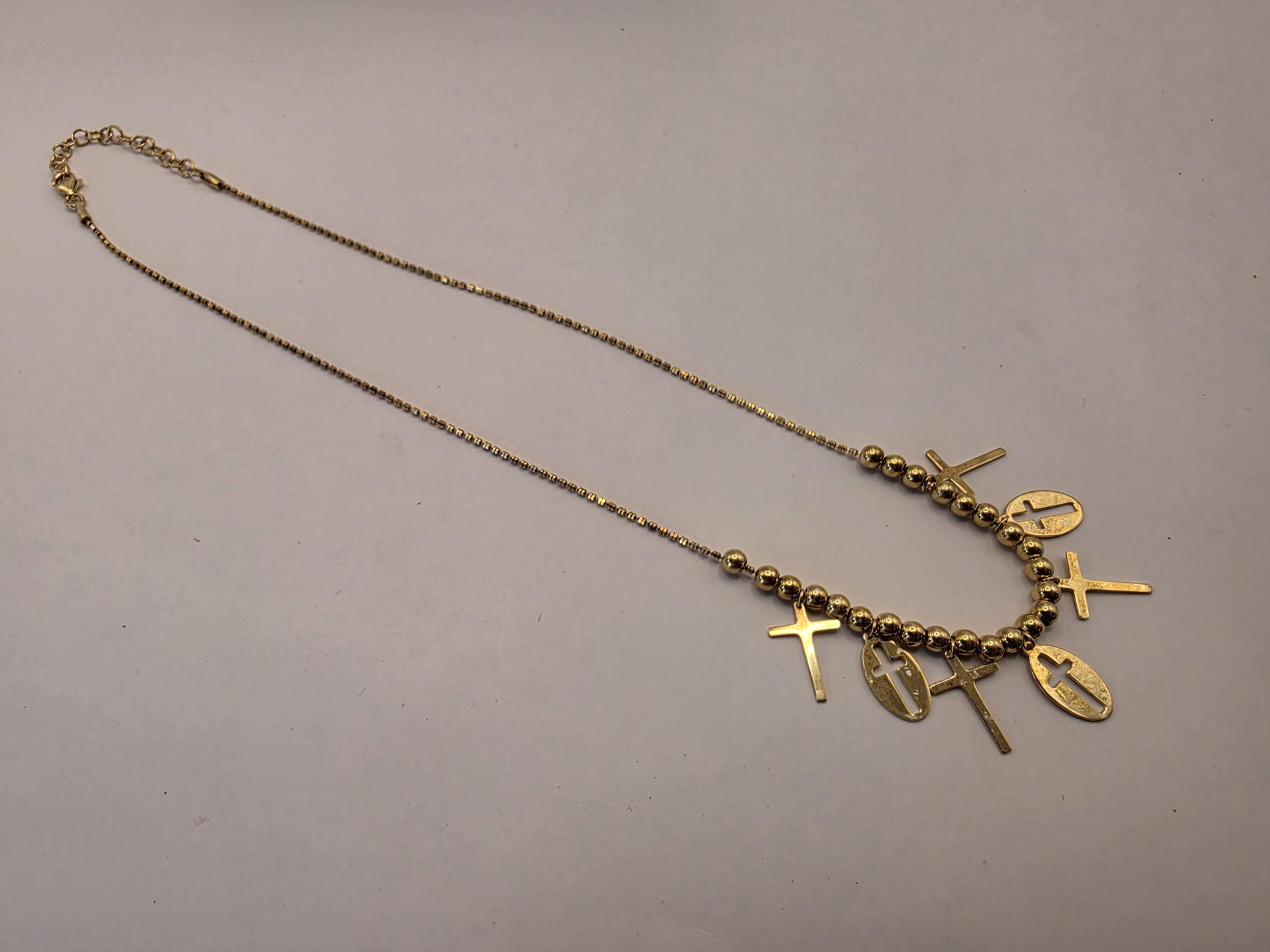 Gold Plated Cross Charm Necklace | 925 Silver | Beaded Station | 18 Inch | Multi Cross Charms | Womens Faith Jewelry